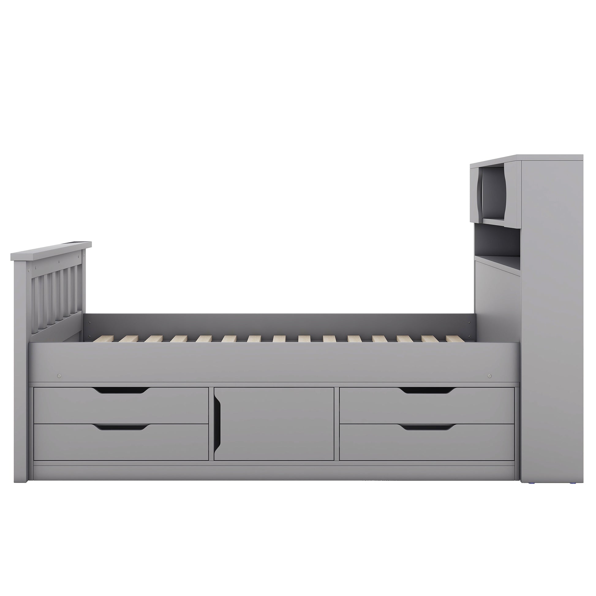 Twin Size Captain Platform Bed Frame With Storage Bookcases And Shelves,Four Drawers, Gray Twin Gray Solid Wood Mdf