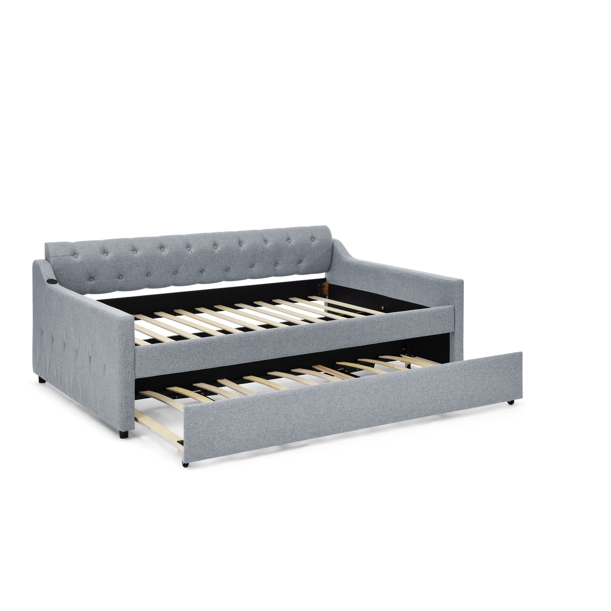 Full Size Upholstery Daybed With Twin Size Erectable Trundle And Usb Charging Design, Linen Grey Box Spring Not Required Full Grey Linen Linen