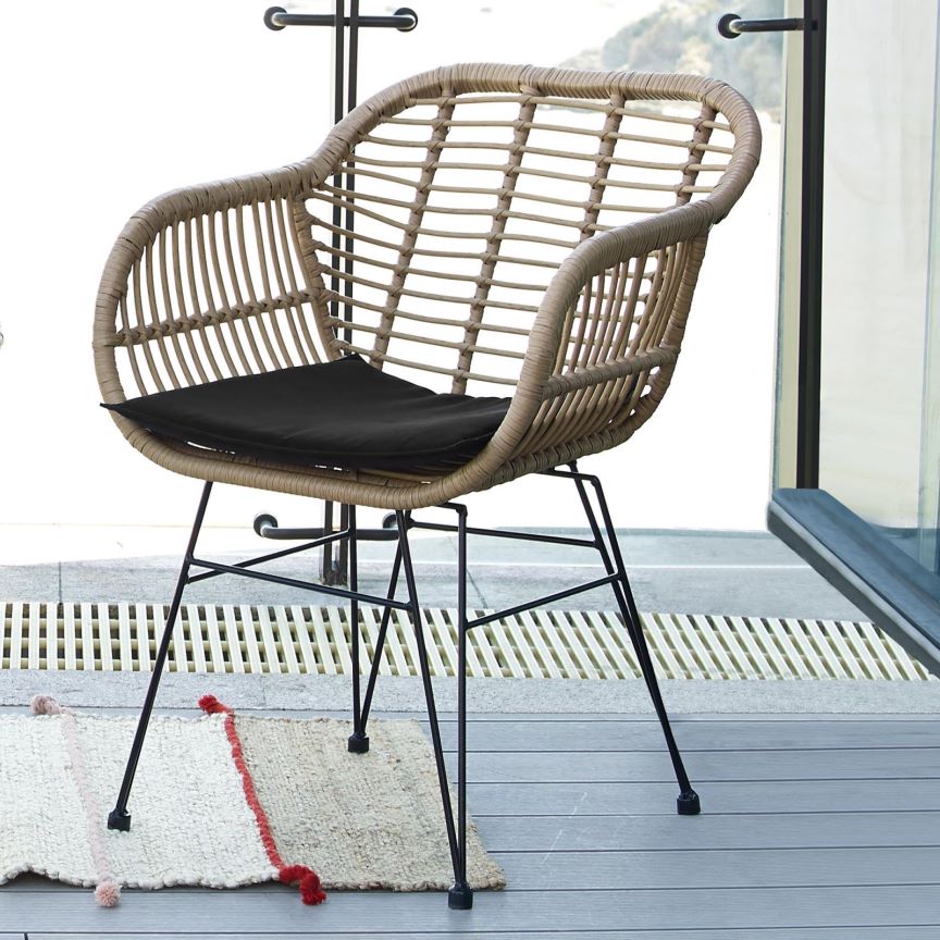 St.Lucia 3Pc Casual Outdoor Set Natural With Black Blue Cushion Black Brown Pe Rattan Iron