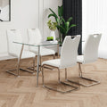 Modern Simple Rectangular Glass Dining Table, Solid Tempered Glass Tabletop, Electroplated Table Legs, White Pu Dining Chair Set, Suitable For Restaurant Kitchen Use Set Of 5 Upholstered Chair Glass White Pu Seats 4 Metal Rectangular Dining Table With