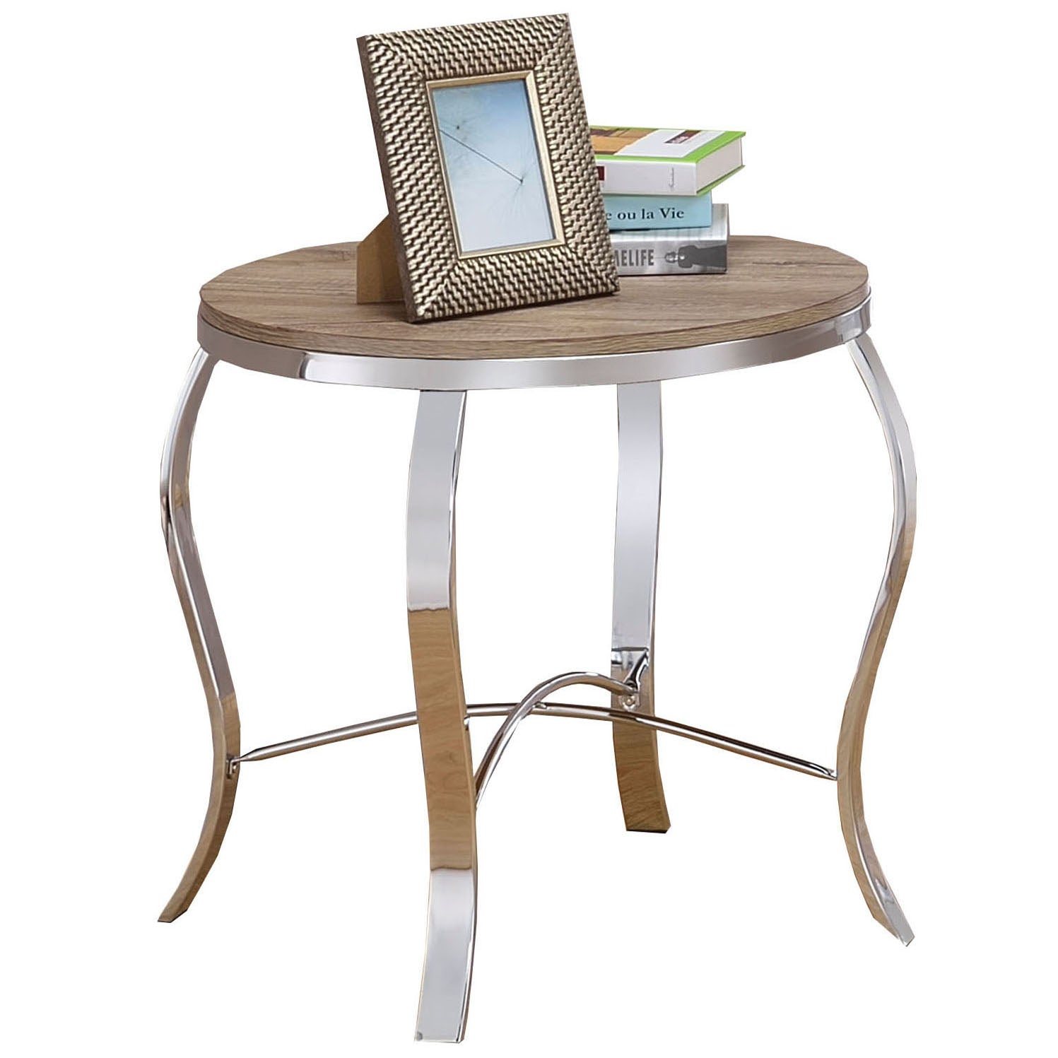 Weathered Light Oak And Chrome 3 Piece Occasional Set Oak Silver Primary Living Space Contemporary,Traditional Round Coffee & End Tables Round Wood Metal