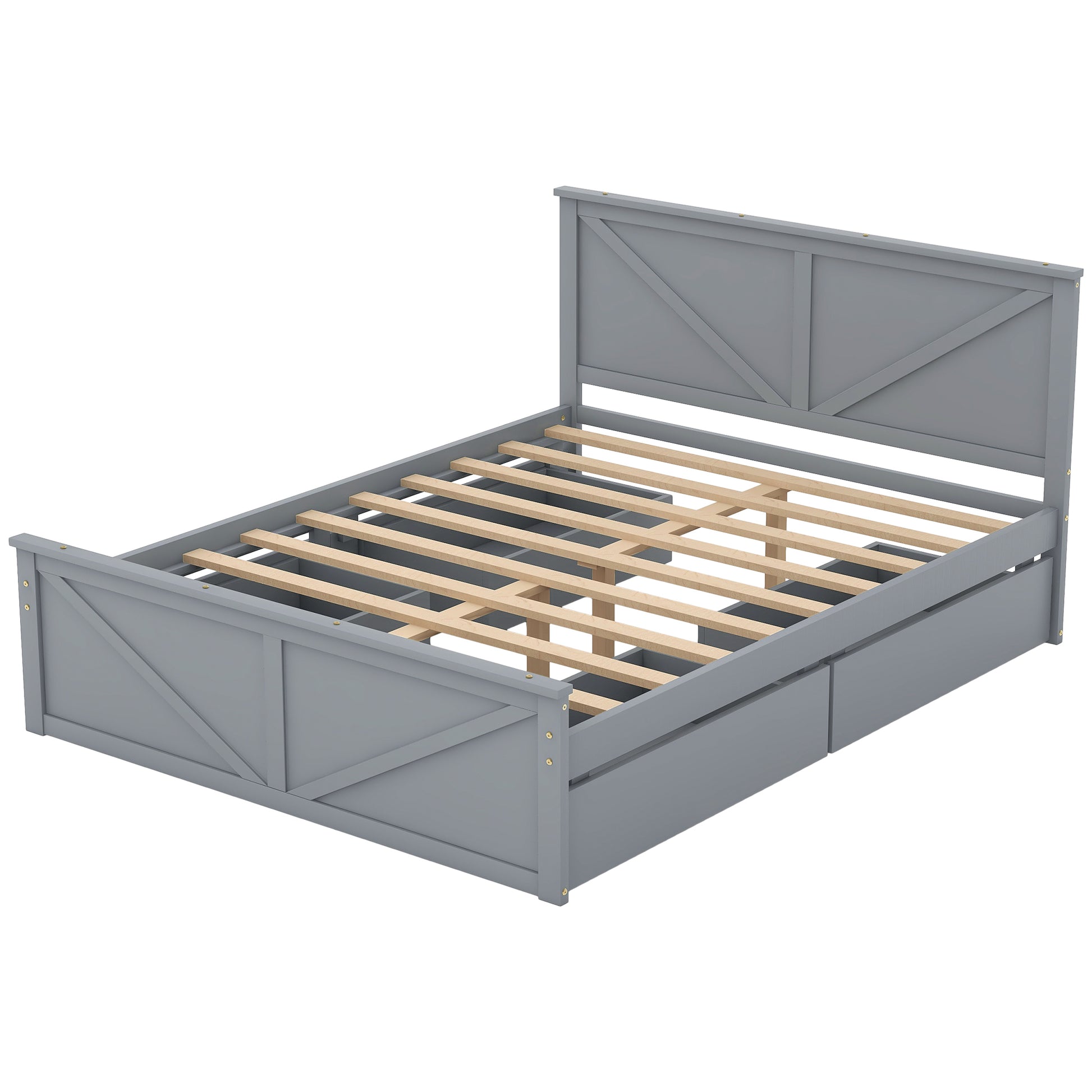 Queen Size Wooden Platform Bed With Four Storage Drawers And Support Legs, Gray Queen Gray Pine
