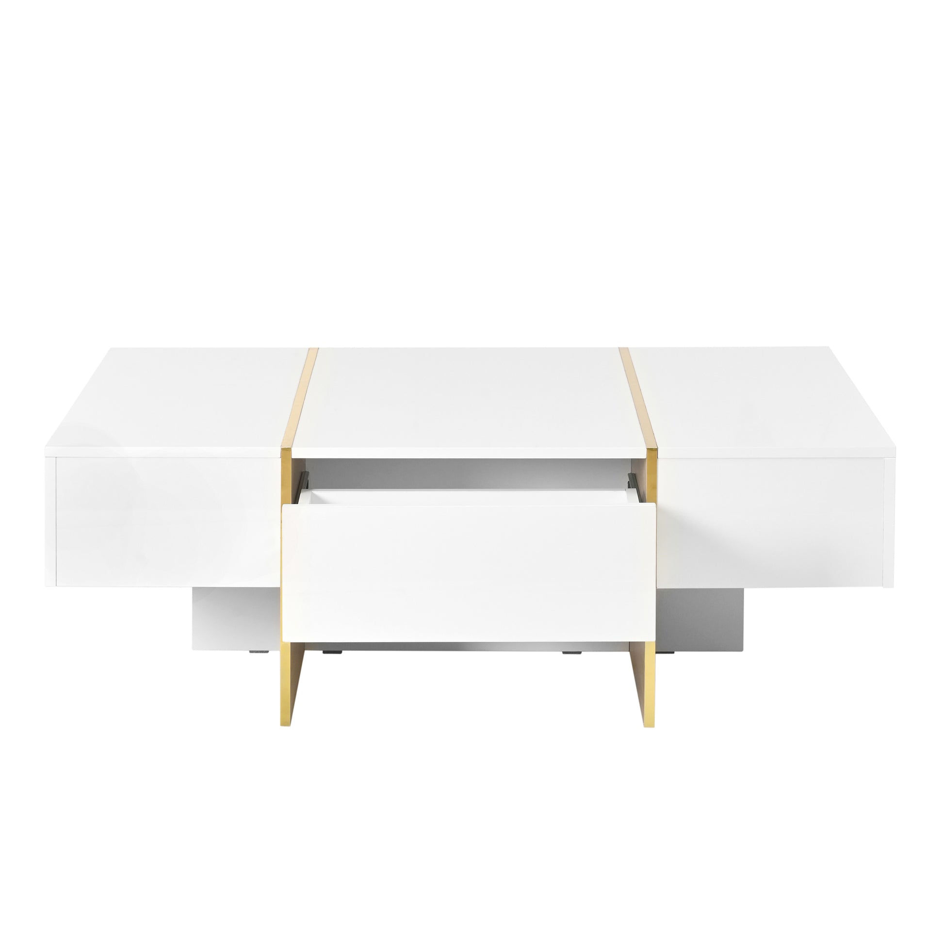 47.2'' X 31.4''Minimalist High Gloss Coffee Table With 2 Drawers, Multi Storage Rectangle Sofa Table With Golden Wood Grain Legs, Modern Center Table For Living Room, White White Particle Board Mdf