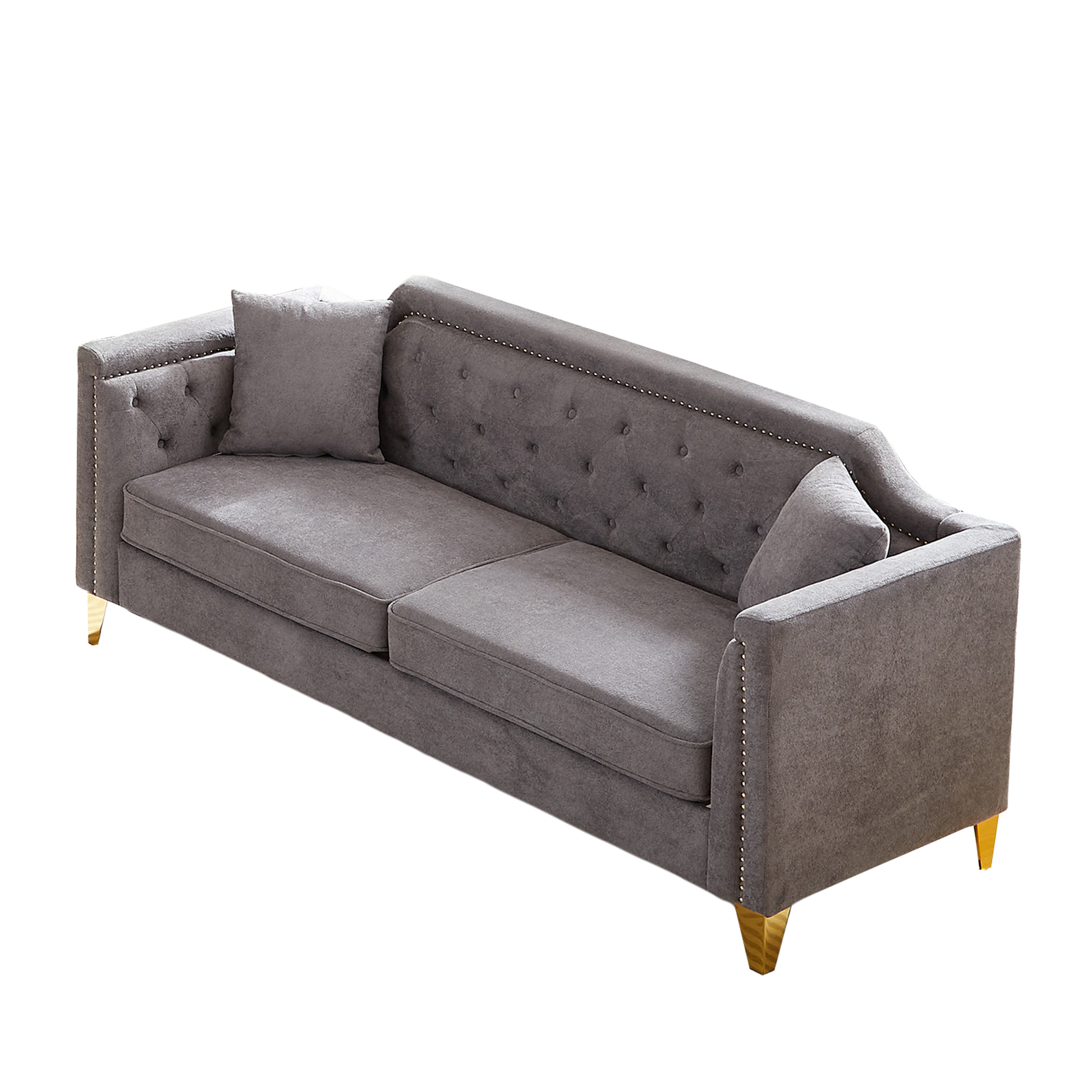 Fx 81"Mid Century Design Modern Sofa,Chenille Pull Buckle Design Sofa For Living Room,Buttons Tufted With Copper Nail Decoration Armrest, With 2 Pillows,Modern Couch Upholstered Button And Metal Leg Grey Chenille Pine Foam Fabric 3 Seat