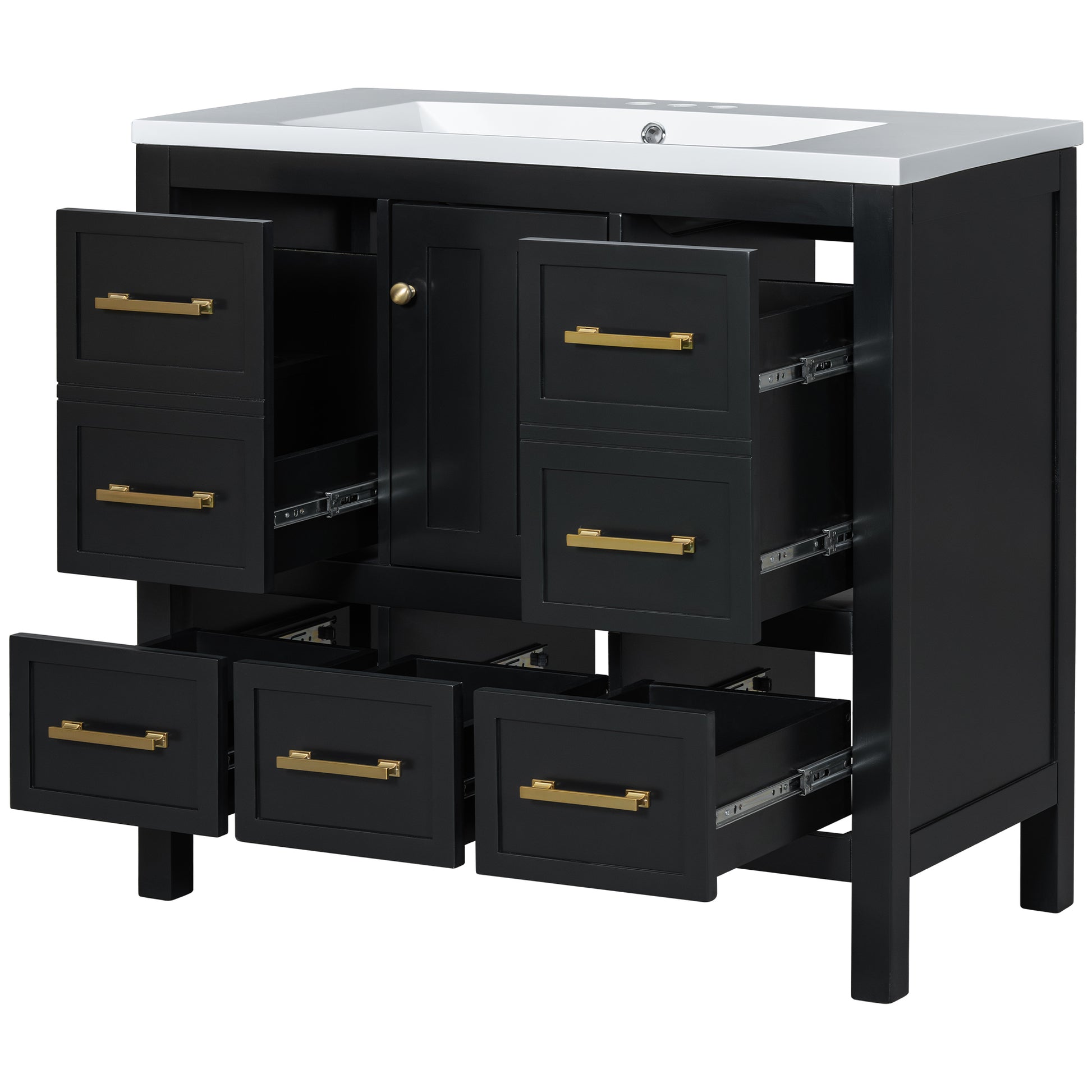 36'' Bathroom Vanity With Resin Sink Combo, Solid Wood Frame Bathroom Storage Cabinet, Freestanding Vanity Set With 5 Drawers& Soft Closing Doors Same As N710S136002B Black Bathroom Solid Wood Mdf Resin
