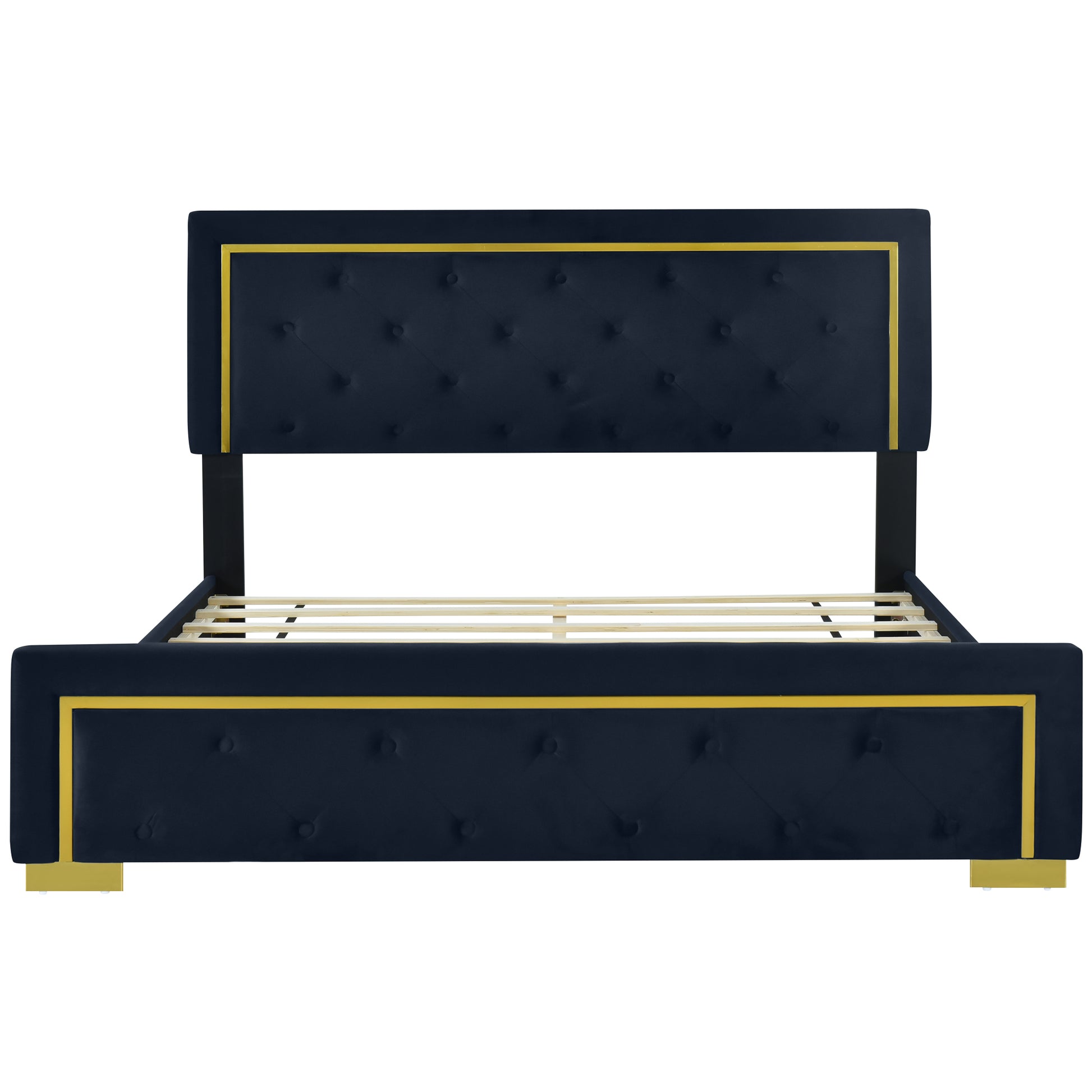 Queen Size Upholstered Platform Bed With Pull Point Headboard And Metal Wire Frame At The Head And Foot Of The Bed, Metal Feet, Velvet, Black Queen Black Mdf Lvl