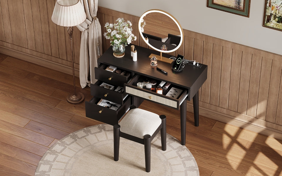39" Retro Bohemian Style Wooden Makeup Vanity Set With Charging Plug&Usb Port And Stool, Dressing Table With 3 Storage Drawers And 1 Rectangular Rattan Drawer, Black Black 4 Drawers Wood