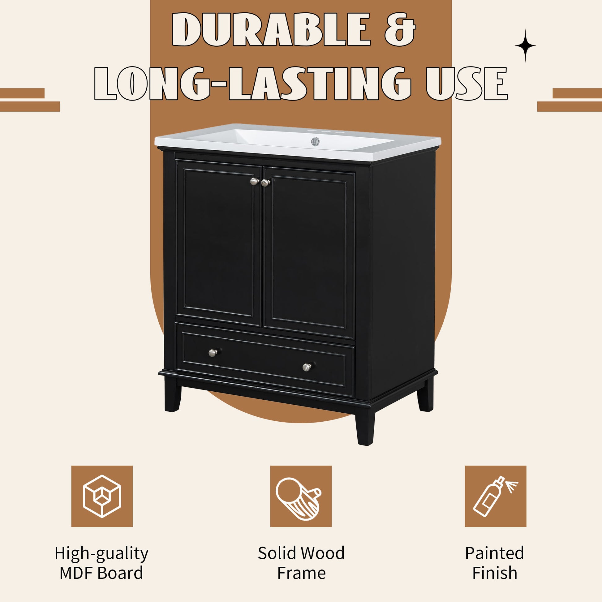 30" Bathroom Vanity Without Sink, Base Only, Multi Functional Bathroom Cabinet With Doors And Drawer, Solid Frame And Mdf Board, Black Black Solid Wood Mdf