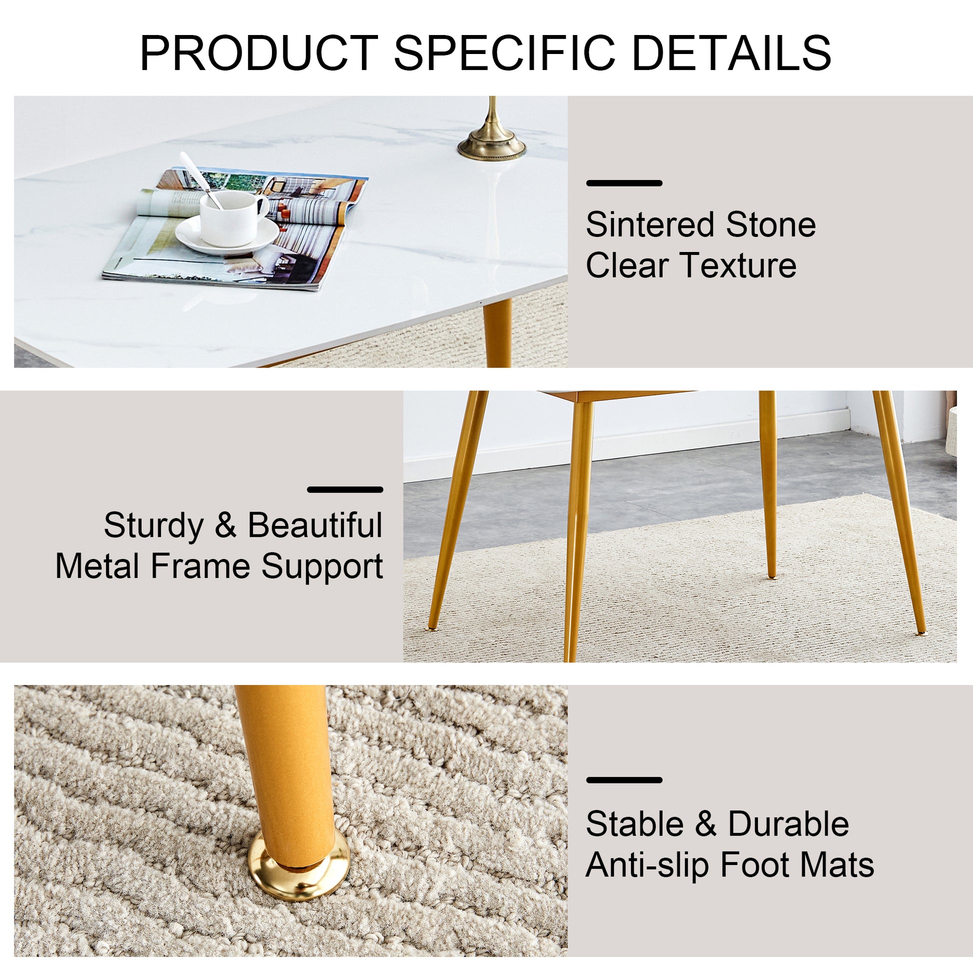 Table And Chair Set.A Morden Table With White Imitation Marble Patterned Stone Burning Tabletop With Golden Metal Legs.Paried With 4 Chairs With Pu Leather Backrest And Black Metal Legs. Black,White Gold Seats 4 Metal,Sintered Stone