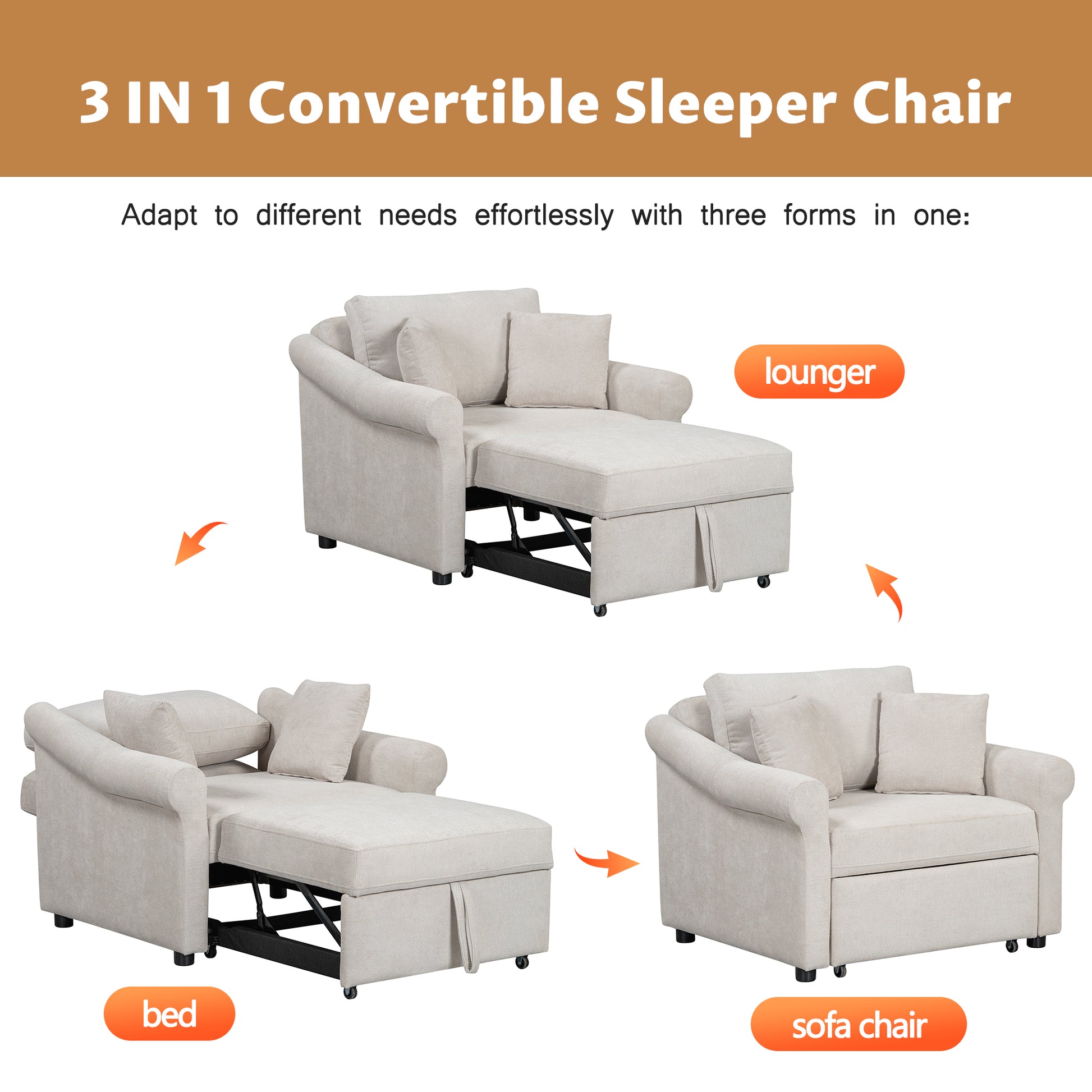 Chenille Convertible Sleeper Chair With Adjustable Backrest, 3 In 1 Lounger Chair Turns Into Bed, Single Bed For Living Room, Beige Beige Chenille