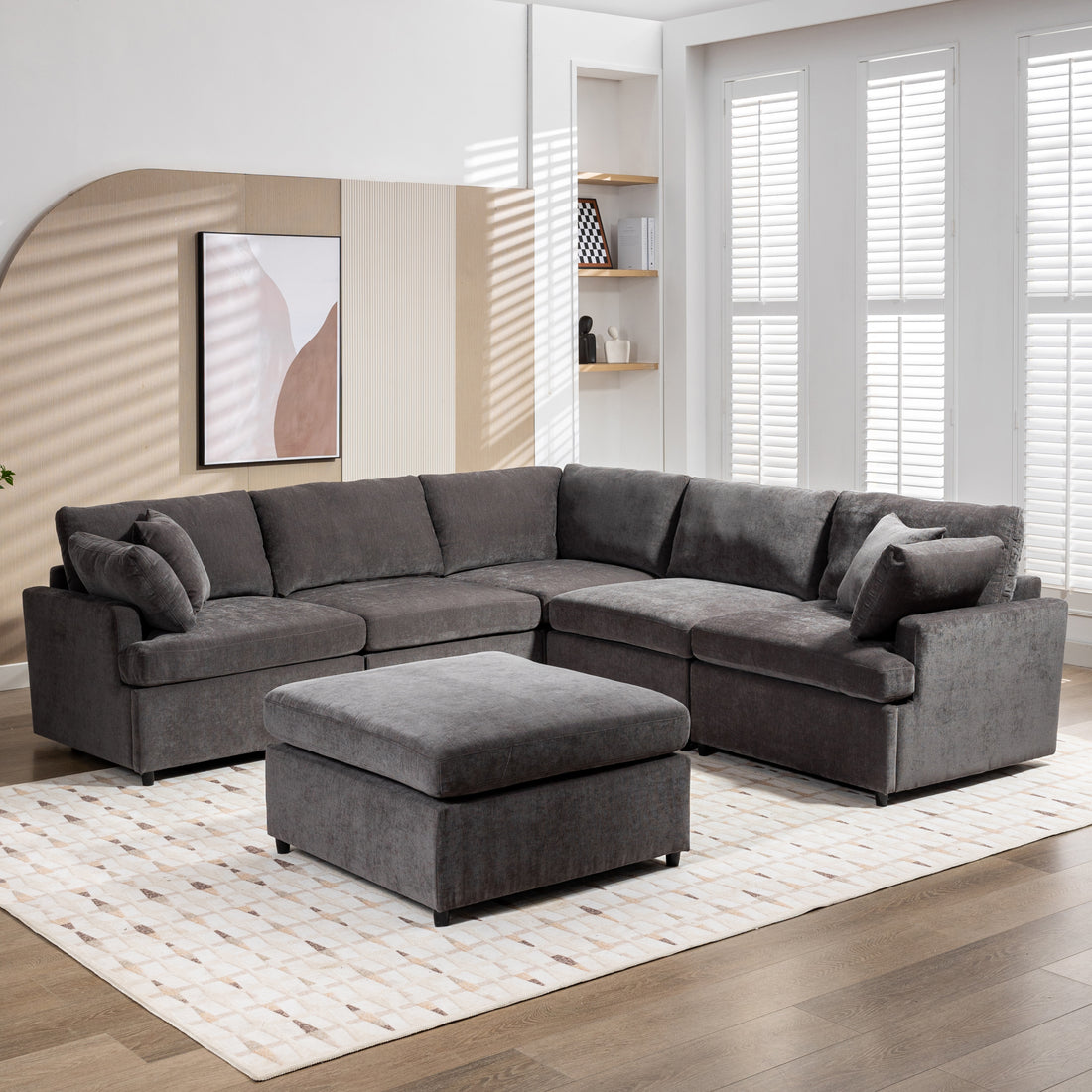 Modern Large U Shape Sectional Sofa, With Removable Ottomans For Living Room 6 Seater Gray Polyester 6 Seat