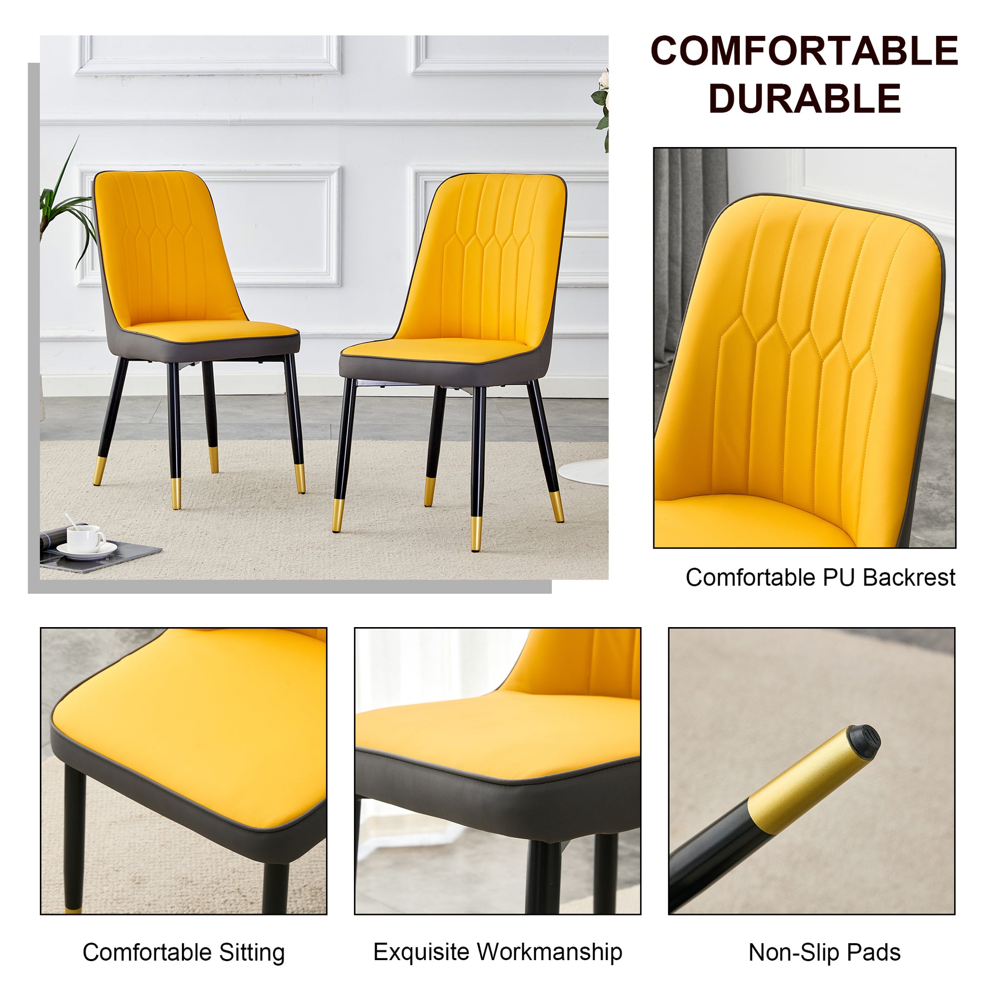 Large Modern Minimalist Rectangular Dining Table With 0.39 "Imitation Marble Black Tabletop And Golden Metal Legs, Paired With Chairs With Pu Cushions And Black Metal Legs. F 1537 C 007 Black Gold Glass Metal