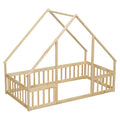 Twin Wood House Shaped Floor Bed With Fence, Guardrails ,Natural Twin Natural American Design Pine