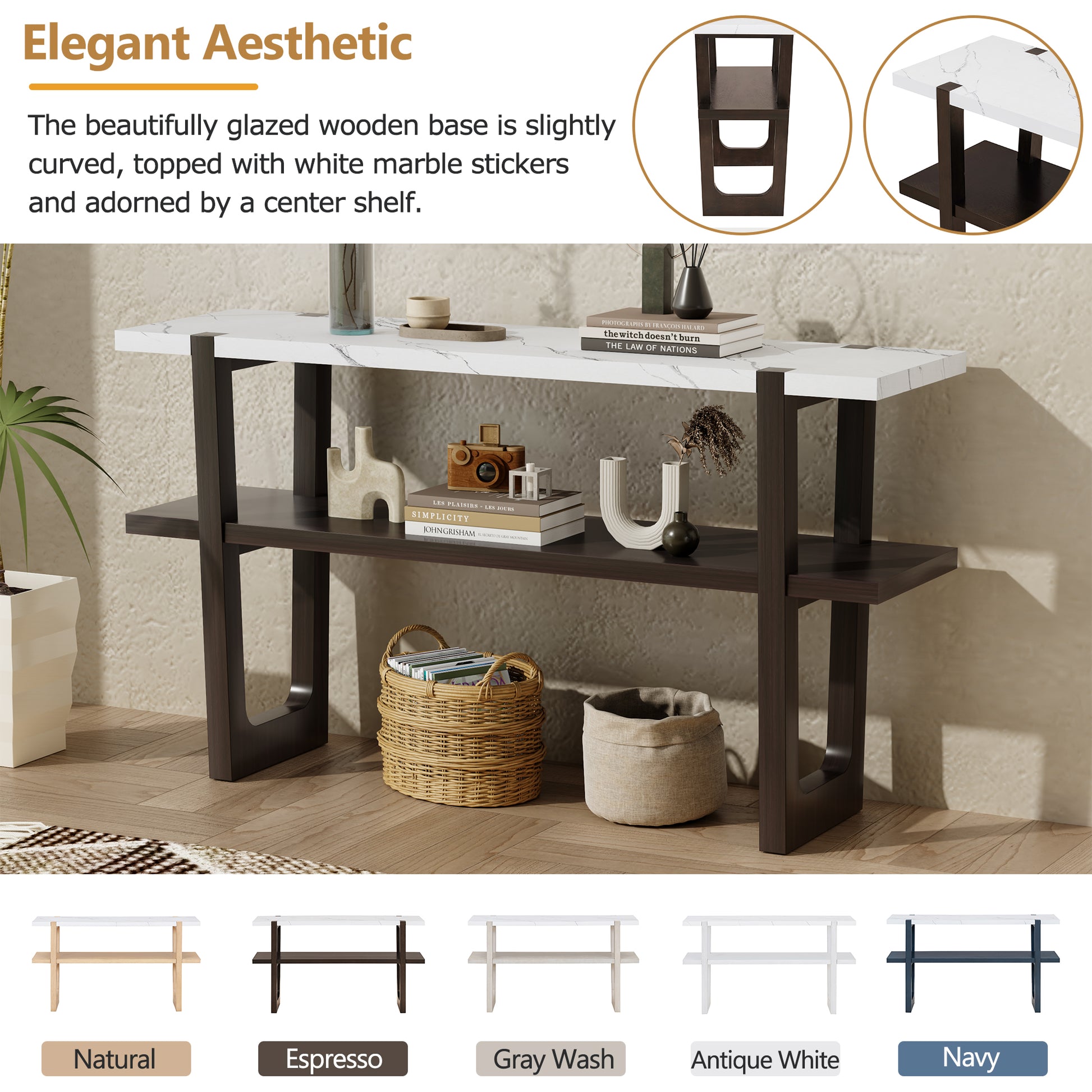 Retro Elegant Console Table With Marble Effect Top And Versatile Storage Solutions For Entryway And Living Room Espresso Espresso Solid Wood Mdf