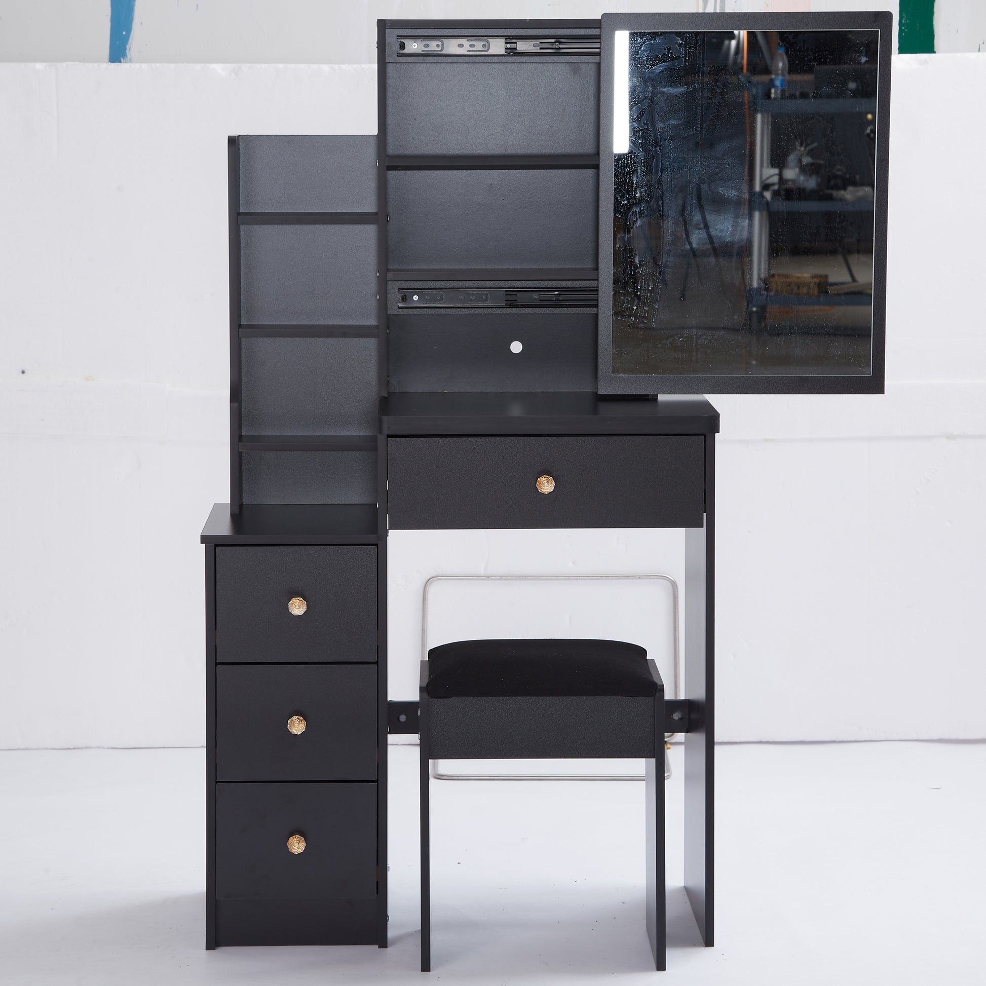 Small Size Left Bedside Cabinet Vanity Table Cushioned Stool, Extra Large Sliding Mirror, Multi Layer, High Capacity Storage Fashionable Dresser, Suitable For Small Space, Epa,Gcc,Ul Certificate