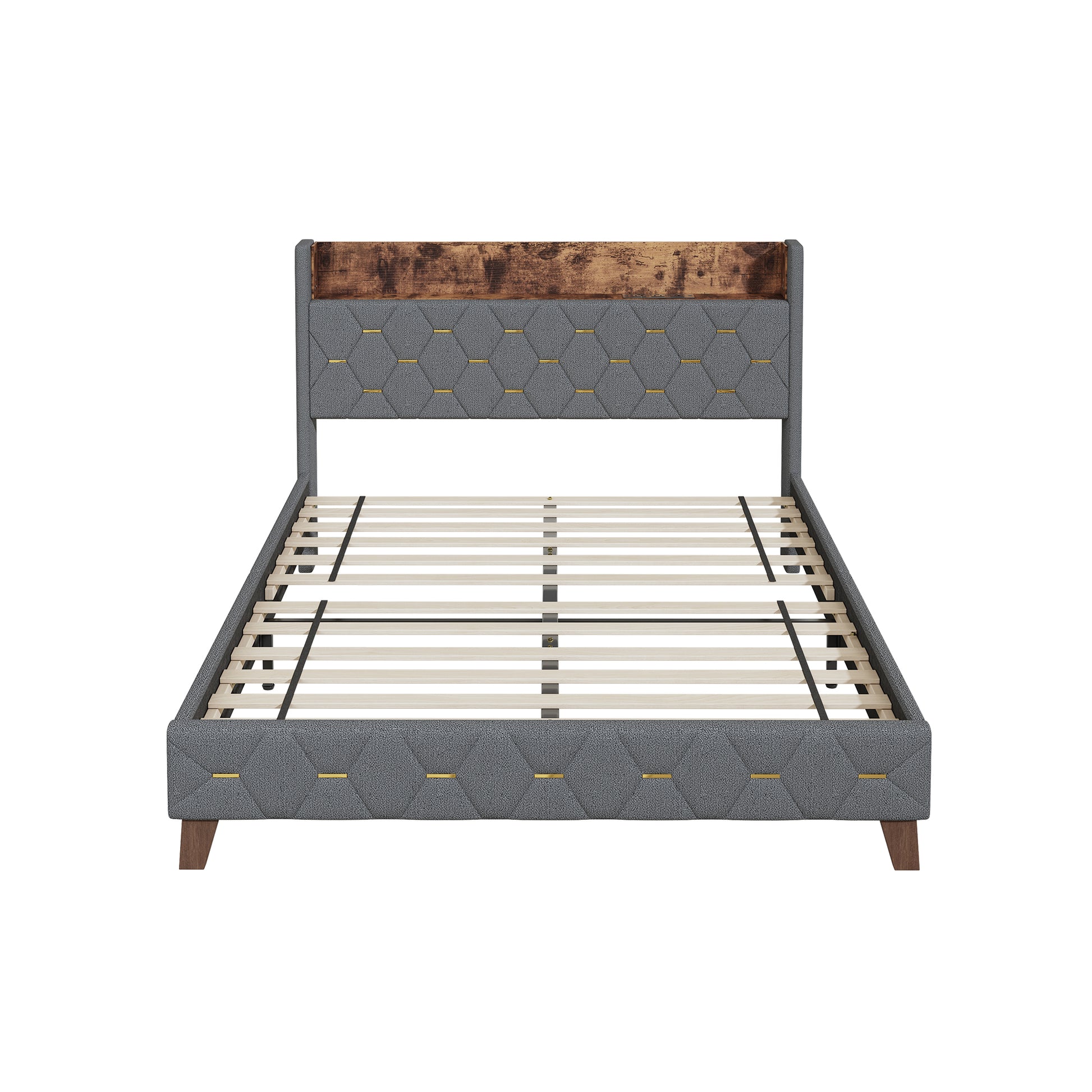 Queen Bed With Elegant Gold Metal Buttons, Built In Usb Ports, Phone Storage Pocket, And Spacious Headboard Shelving Sturdy Frame Supports Up To 300 Lbs,Mattress Not Included Queen Aqua Grey Abs