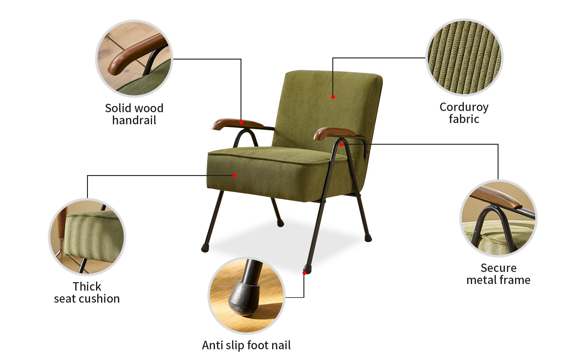 Pattern Colorful Fabric Armchair, Modern Accent Chair High Back, Living Room Chairs With Metal Legs And Soft Padded, Sofa Chairs For Home Office,Bedroom,Dining Room Green Corduroy