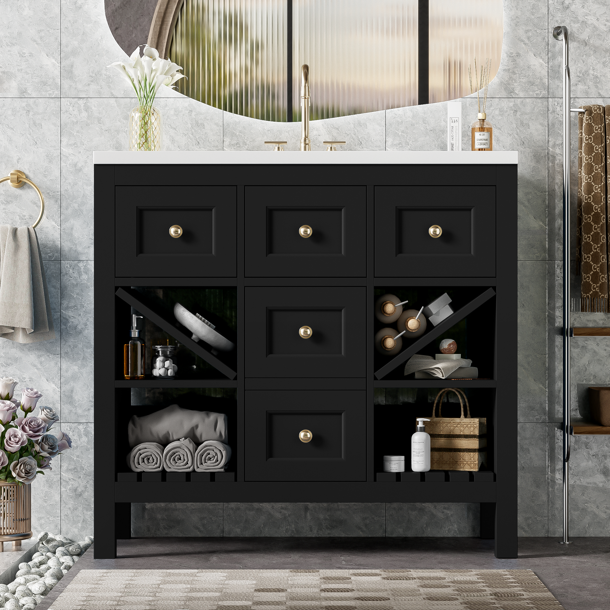 36'' Bathroom Vanity With Resin Sink Combo, Solid Wood Frame Bathroom Storage Cabinet, Freestanding Vanity Set With 5 Drawers& Soft Closing Doors Same As Sw000141Aab Black Bathroom Solid Wood Mdf Resin