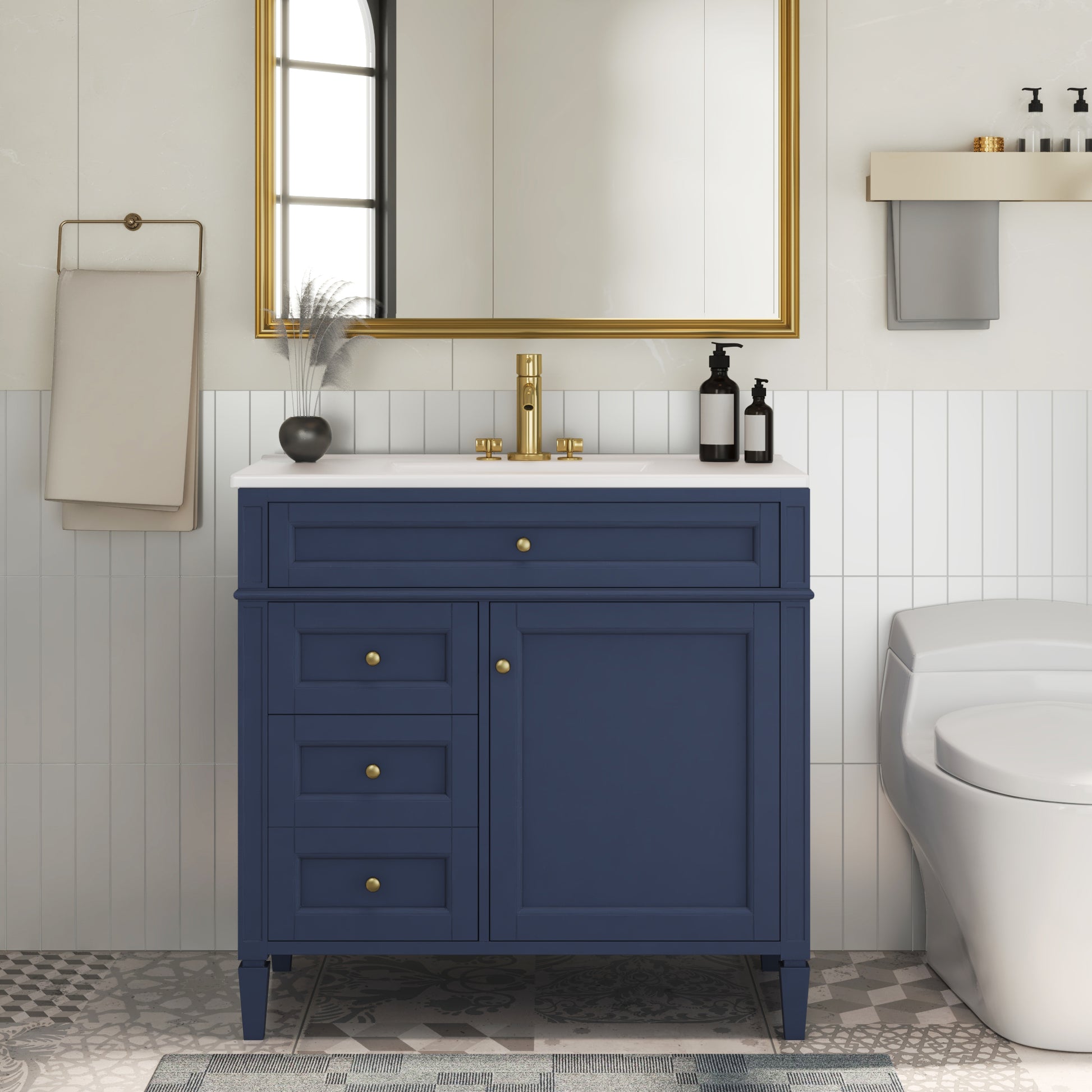 36'' Bathroom Vanity With Top Sink, Modern Bathroom Storage Cabinet With 2 Drawers And A Tip Out Drawer, Single Sink Bathroom Vanity Blue Bathroom Solid Wood Mdf Ceramic,Solid Wood Mdf