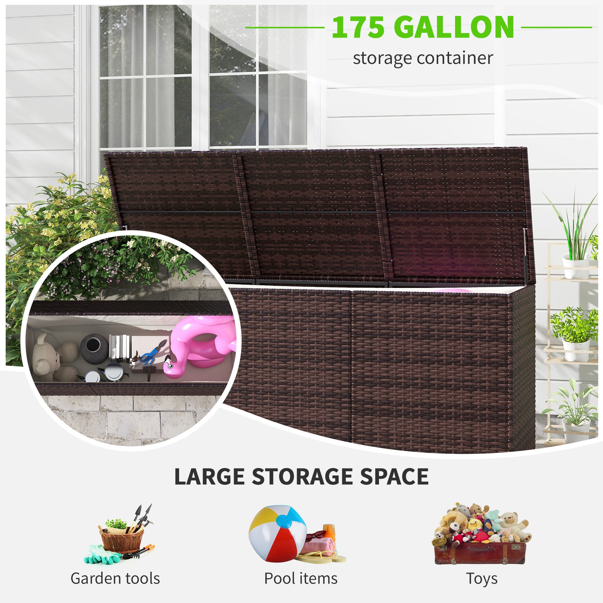 Outsunny 175 Gallon Outdoor Storage Box With Inner Liner, Pe Rattan Wicker Deck Box With Pneumatic Bar Lift For Indoor & Outdoor, Patio Furniture Cushions, Pool Toys, Garden Tools, Mixed Brown Brown Steel