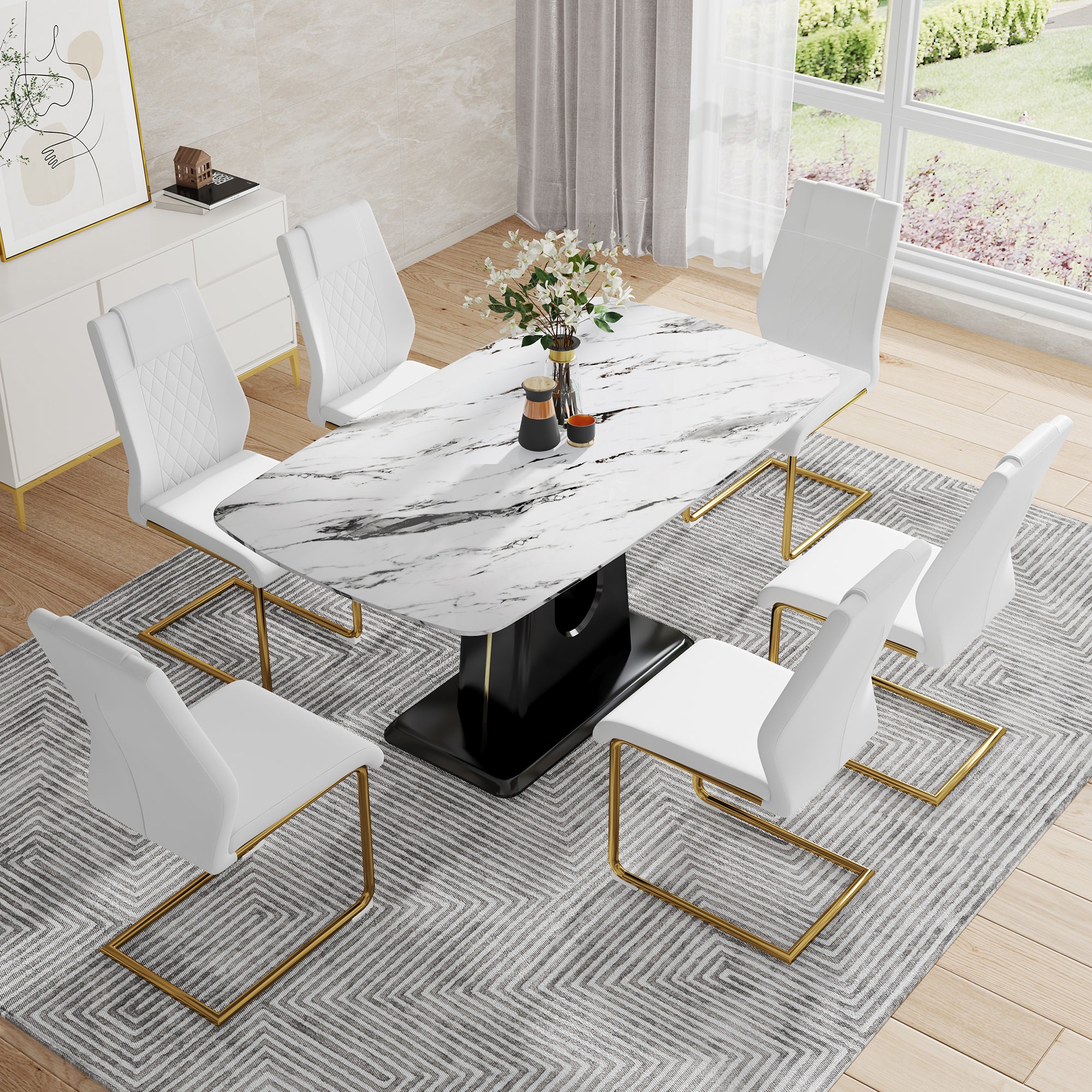 Table And Chair Set, Modern And Minimalist Dining Table, Imitation Marble Patterned Tabletop, Mdf Legs With U Shaped Brackets. Paired With Comfortable Chairs, Suitable For Dining And Living Rooms. Black Gold Mdf Glass