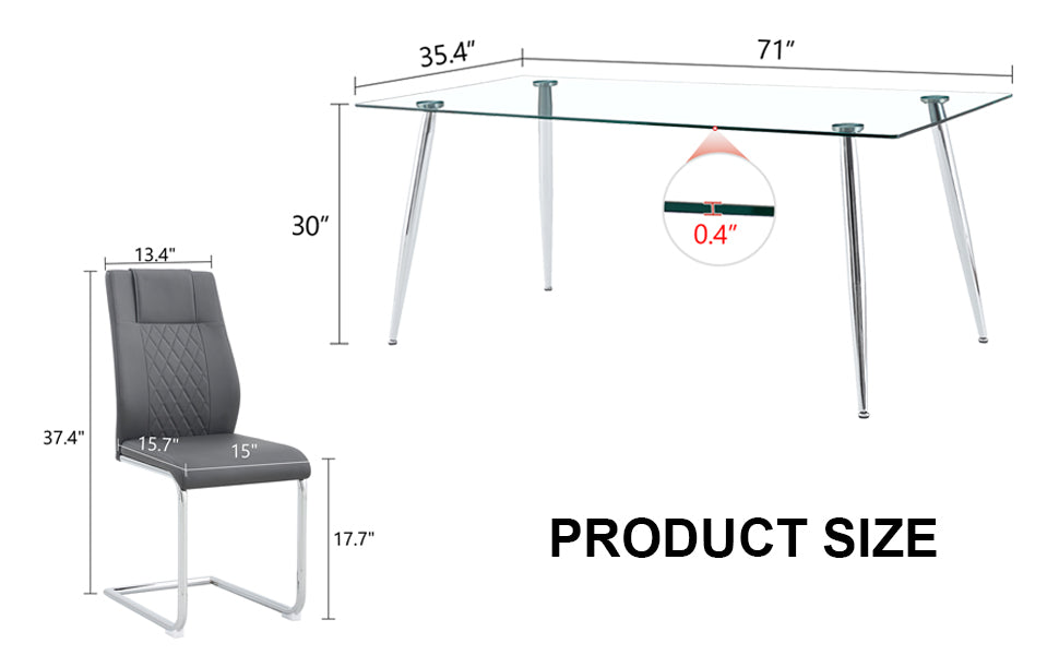 Table And Chair Set.Modern Rectangular Glass Dining Table With A Tempered Glass Tabletop And Silver Metal Legs, Paired With Multiple Chairs Designed With Pu Cushions And Silver Metal Legs. Gray Silver Seats 6 Tempered Glass