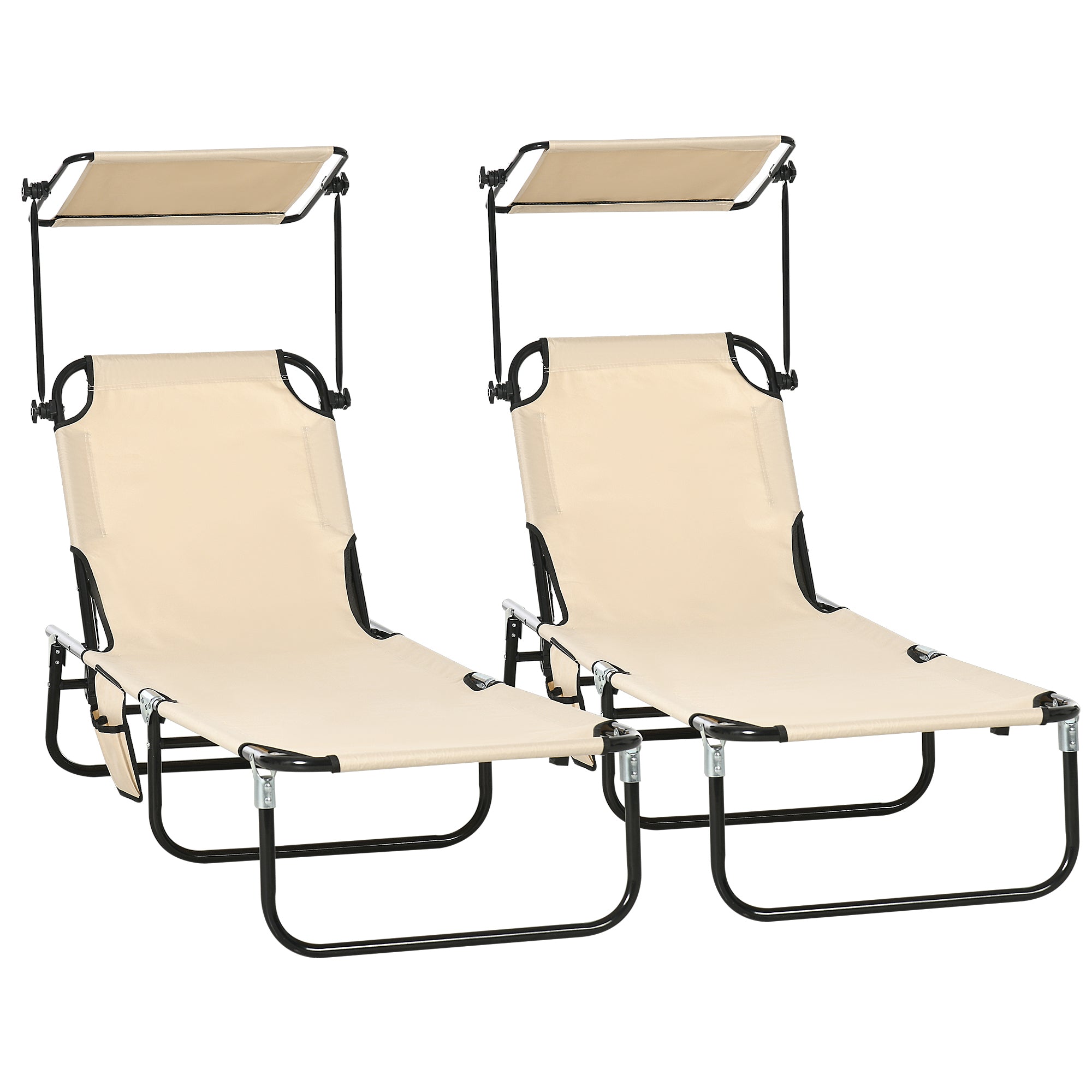 Outsunny Folding Chaise Lounge Pool Chairs, Outdoor Sun Tanning Chairs With Canopy Shade, Reclining Back, Steel Frame And Side Pocket For Beach, Yard, Patio, Tan Brown Steel