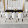 Table And Chair Set.The Table Has A Glass Top With Imitation Marble Pattern Stickers And Stainless Steel Golden Legs. Paried With Chairs With Pu Artificial Leather Backrest Cushions And Black Legs. Black Gold Seats 8 Glass Metal