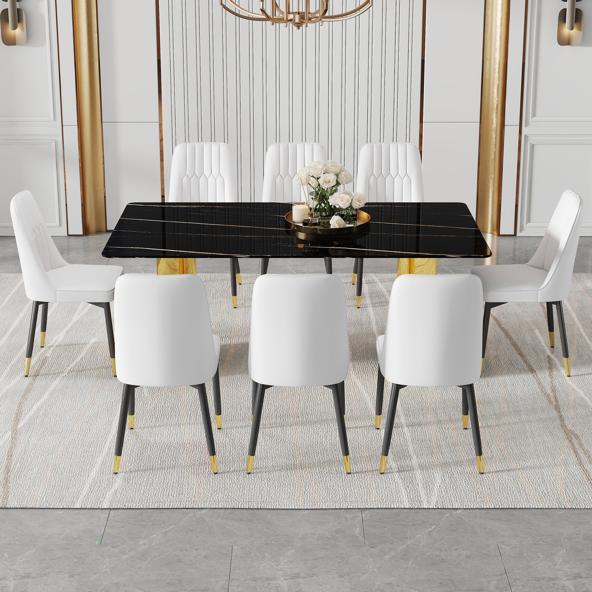 Table And Chair Set.The Table Has A Glass Top With Imitation Marble Pattern Stickers And Stainless Steel Golden Legs. Paried With Chairs With Pu Artificial Leather Backrest Cushions And Black Legs. Black Gold Seats 8 Glass Metal
