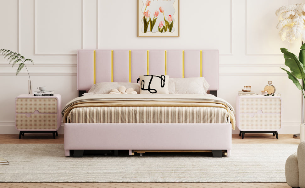 Queen Size Upholstered Platform Bed With 2 Drawers And 1 Trundle, Classic Metal Strip Headboard Design, Pink Queen Pink Mdf Lvl
