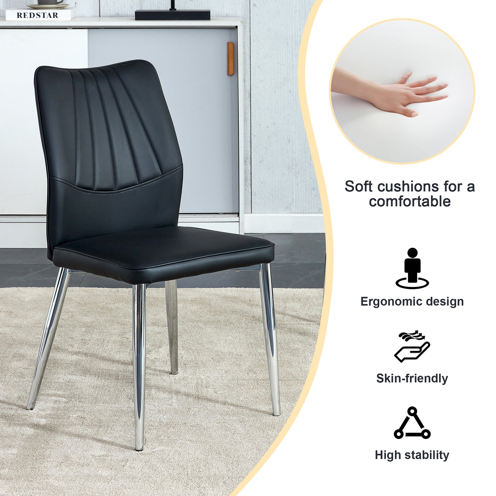 Table And Chair Set.Contemporary, Minimalist Rectangular Dining Table Featuring A Clear Tempered Glass Top And Sleek Silver Legs. Paried With Chairs Made Of Pu Material Cushion And Silver Metal Legs. Black Seats 8 Glass Metal