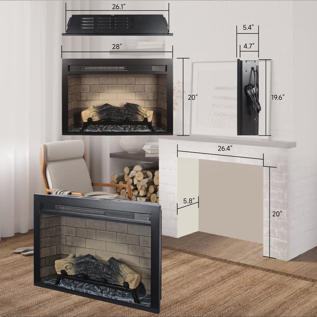 28 Inch Electric Fireplace Insert, Multicolored Flames Powder Coated Electric Antique Black Vent Free Primary Living Space Yes Insert Tempered Glass Sheet Metal Electric