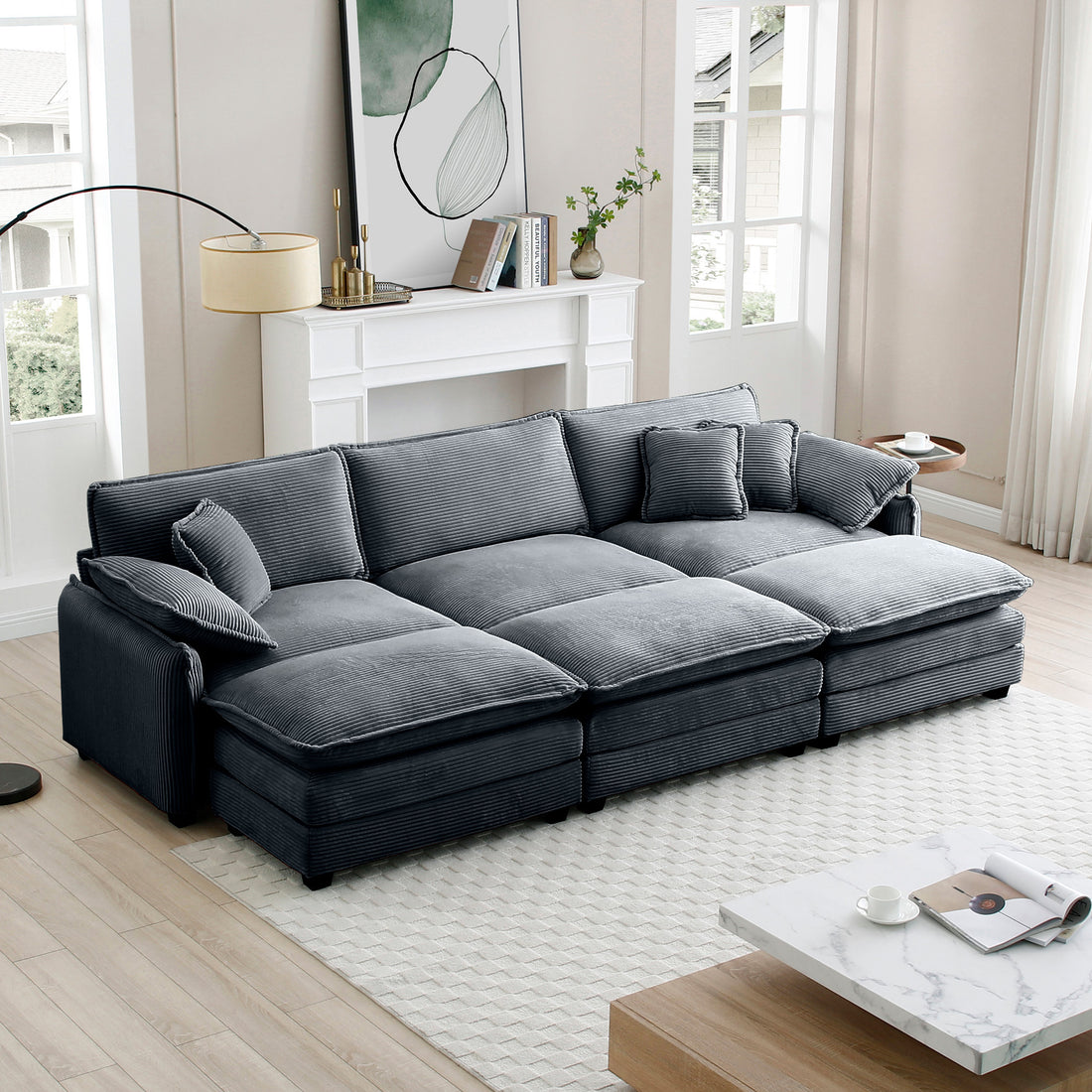 Oversized Modular Cushioned Sofa,With 3 Ottomans To Work As Sleeper Sofa Beds, 3 Seater Sofa With 3 Footstools,Grey Corduroy Fabric Grey Corduroy 3 Seat