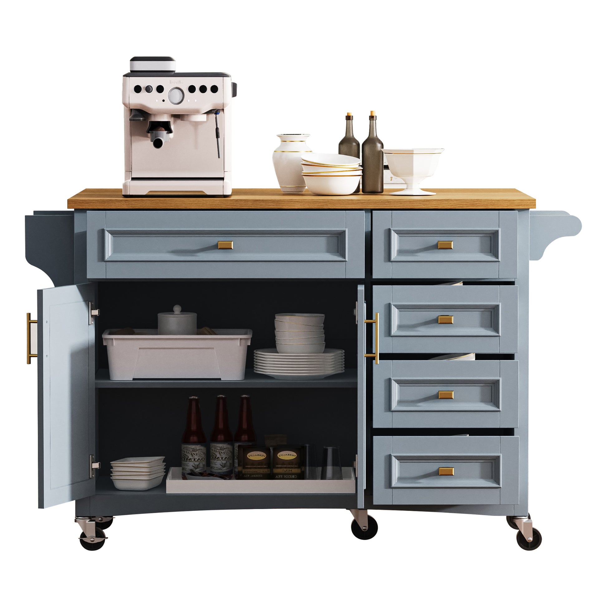 K&K 52'' Kitchen Island With Drop Leaf, Embossed Texture Kitchen Island On Wheels With Spice Rack, Towel Rack, 2 Doors And 5 Drawers, Kitchen Storage Cart With Adjustable Shelf For Kitchen, Blue