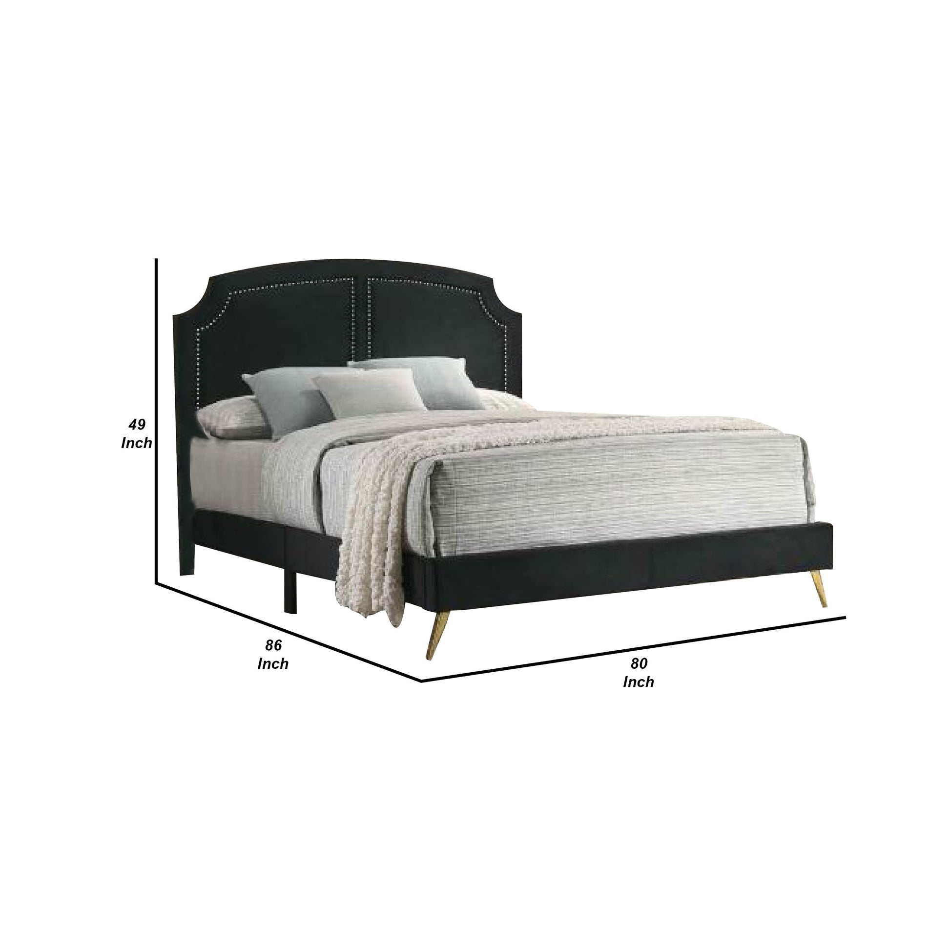 Lily Platform King Upholstered Bed, Padded Headboard, Black, Gold King Black Gold Wood Fabric