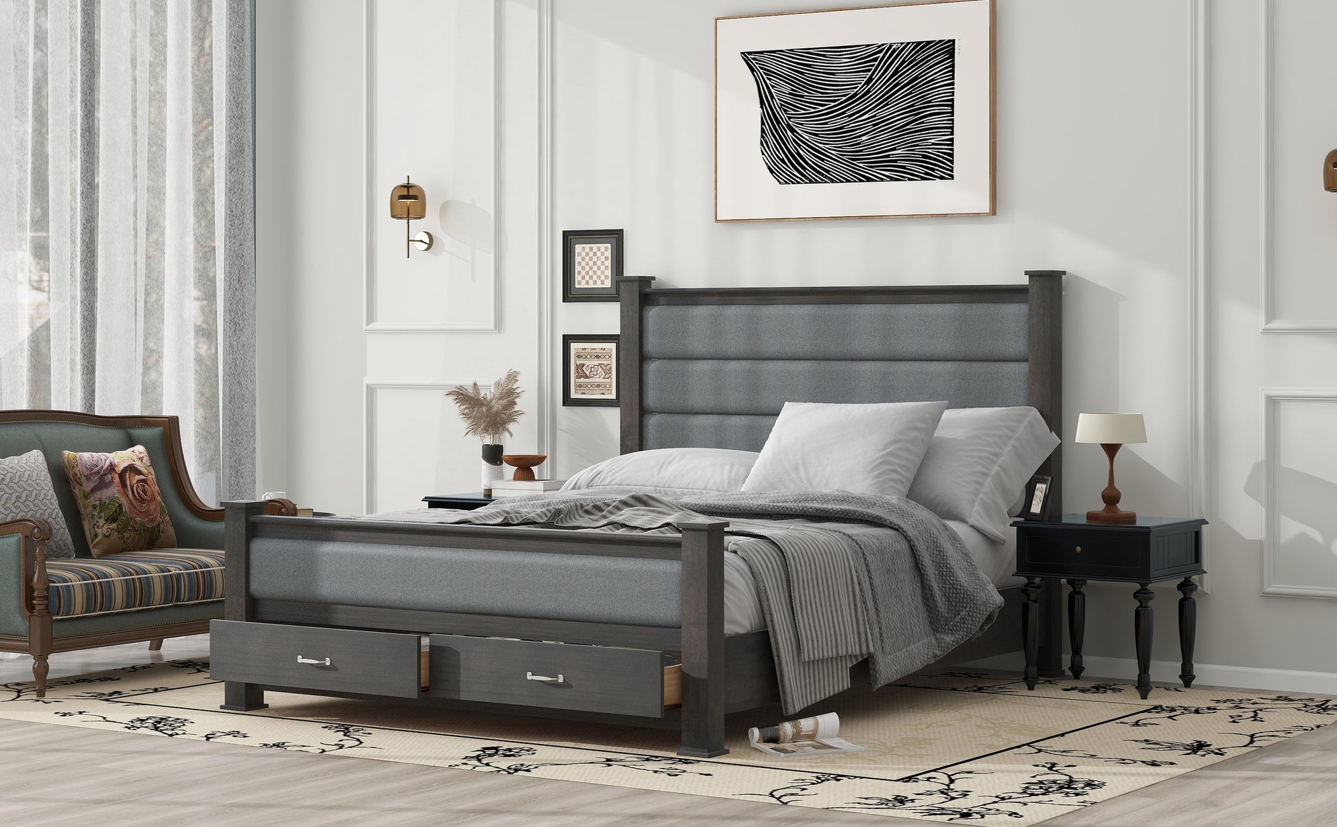 Queen Size Wood Frame Platform Bed With Upholstered Headboard, Footboard And 2 Drawers, Antique Gray Box Spring Not Required Queen Antique Gray Wood Bed Frame Solid Wood Mdf