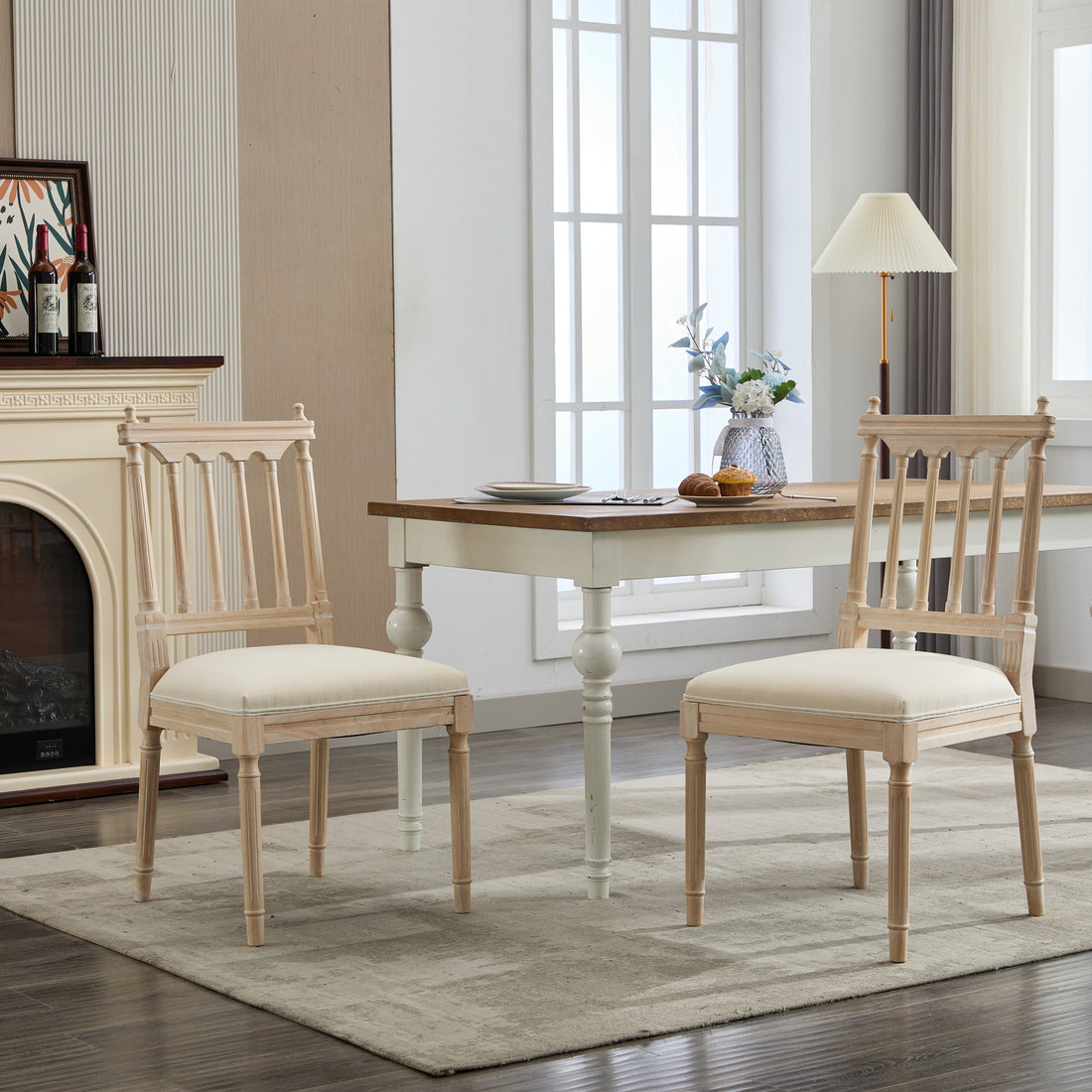 Antique Dining Chairs Linen Fabric Upholstered Wooden Chairs Set Of 2 Cream Fabric