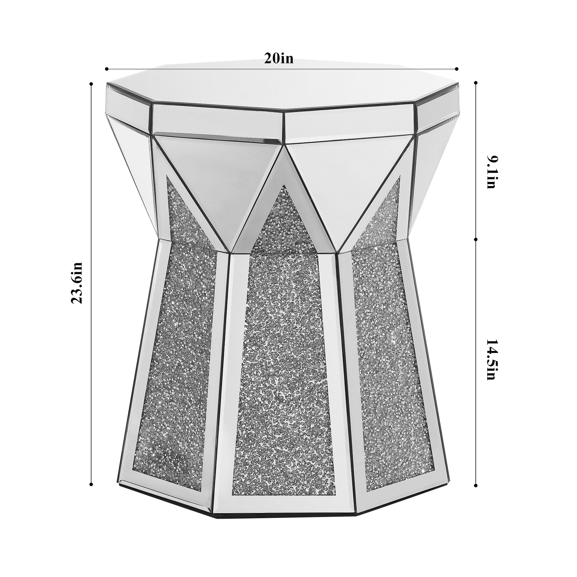 Drum Style Coffee Table With Mirror Crystal Inlay, Polygonal Silver Decorative Table, Modern Design Luxury Modern Furniture, 20 Inch About 50 Centimeters Low Coffee Table, Suitable For Living Room Silver Primary Living Space American Design Console