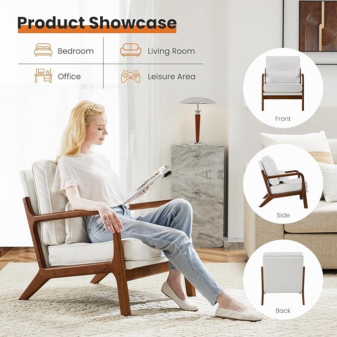 Accent Chair Mid Century Modern Chair With Pillow, Upholstered Lounge Arm Chairs, Linen Fabric Comfy Reading Chair With Wood Frame, Side Chair For Living Room, Beige Beige Linen
