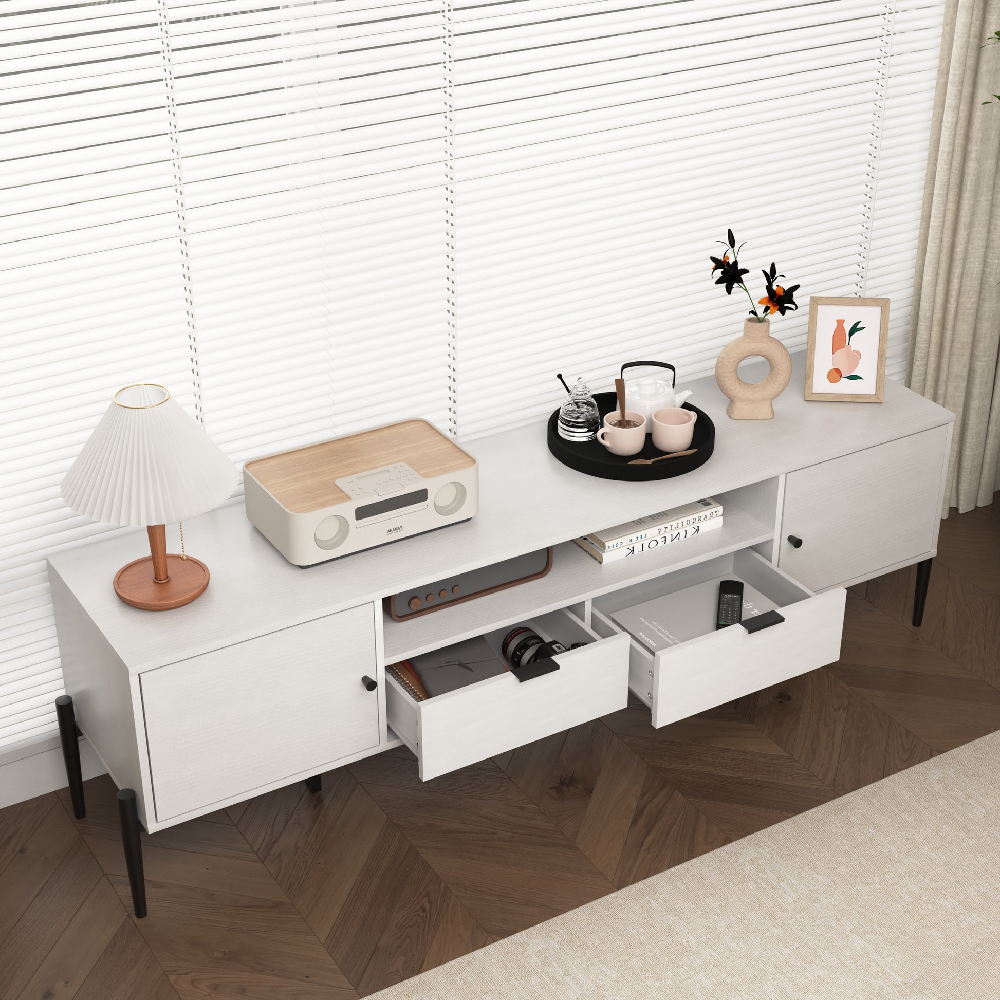 Modern Tv Console, Entertainment Center With Storage For Living Room 70.86X15.74X21.85Inch 5 Or More Spaces White Primary Living Space Particle Board