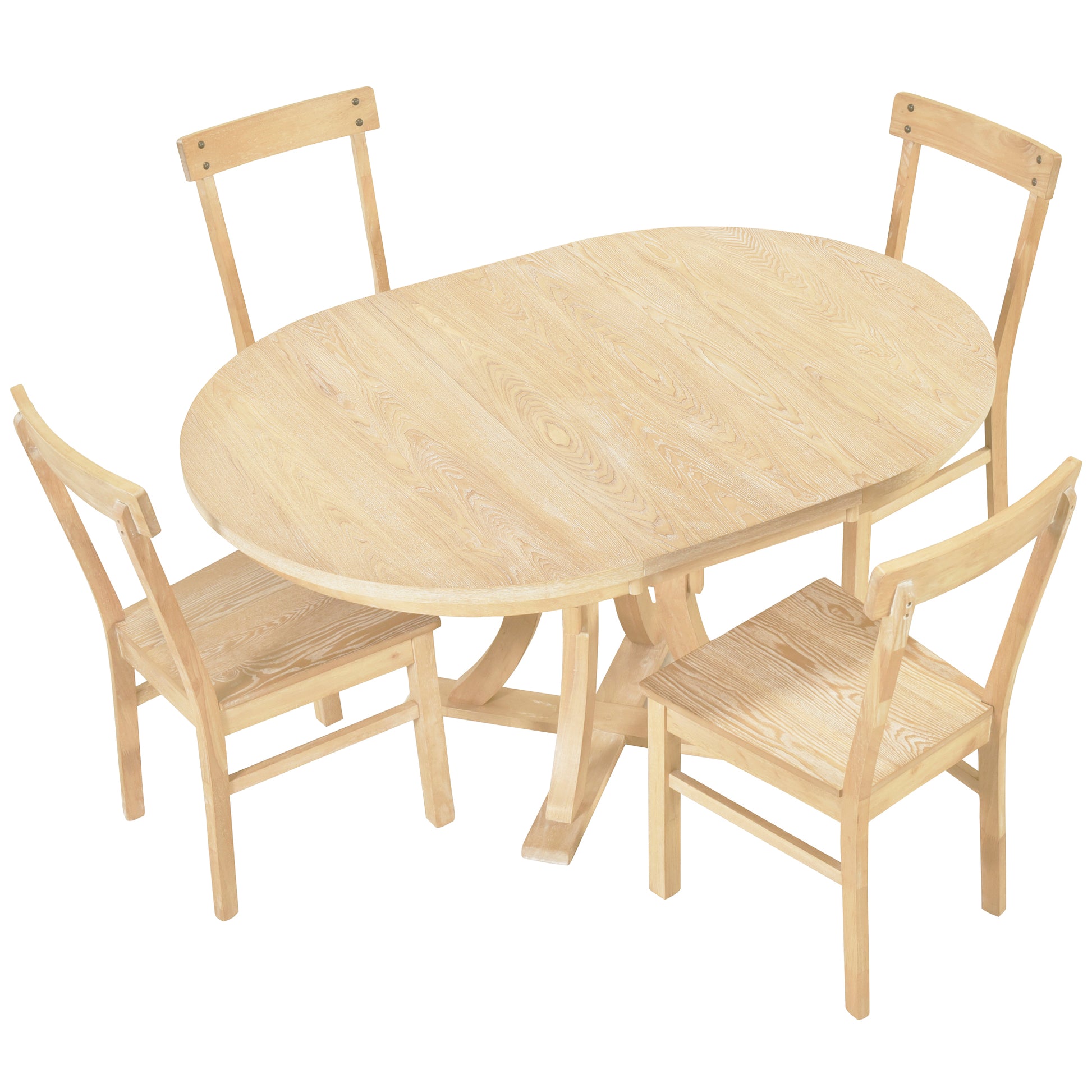 5 Piece Rustic Round Pedestal Extendable Dining Table Set With 15.7" Removable Leaf And Simple Dining Chirs For Small Places, Natural Wood Dining Room Extendable Rubberwood Oval Dining Table With Chair Wood Wood Natural Seats 4 Removable Leaf Farmhouse