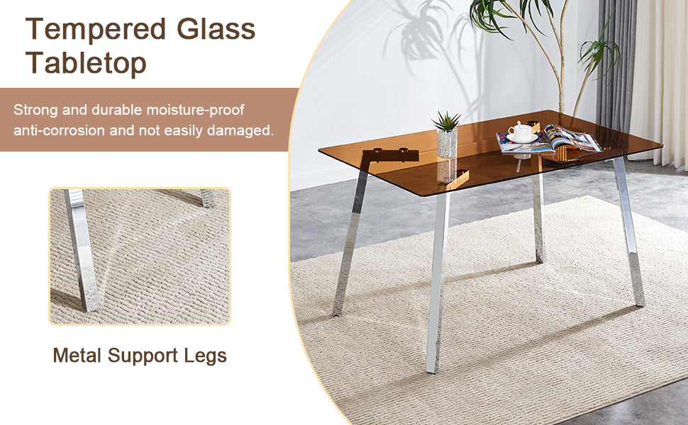 Table And Chair Set.Large Modern Rectangular Table With Brown Glass Top And Silver Metal Legs. Paired With 6 Black Chairs With Checkered Armless High Back Pu Cushion And Silver Metal Legs. Black,Silver Seats 6 Glass Metal