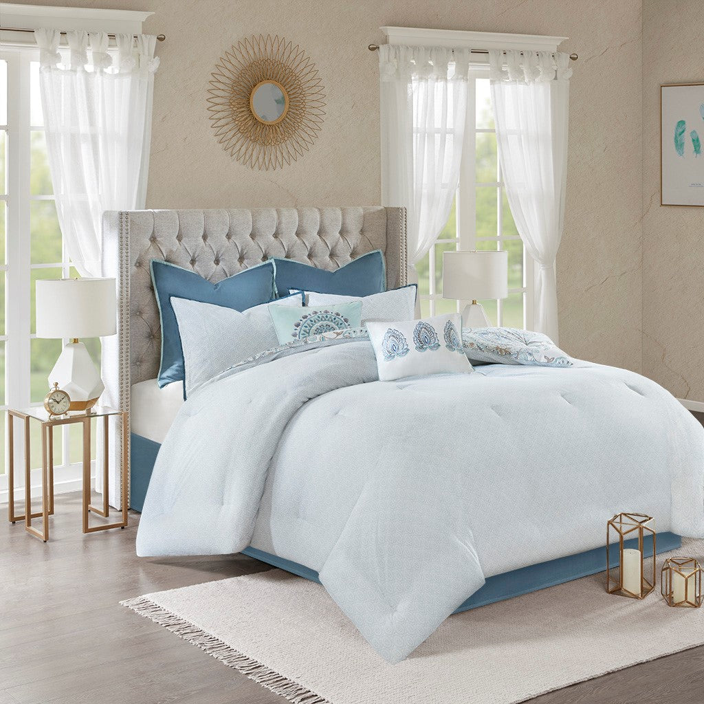 8 Piece Cotton Floral Printed Reversible Comforter Set Blue Queen Queen Blue Cotton