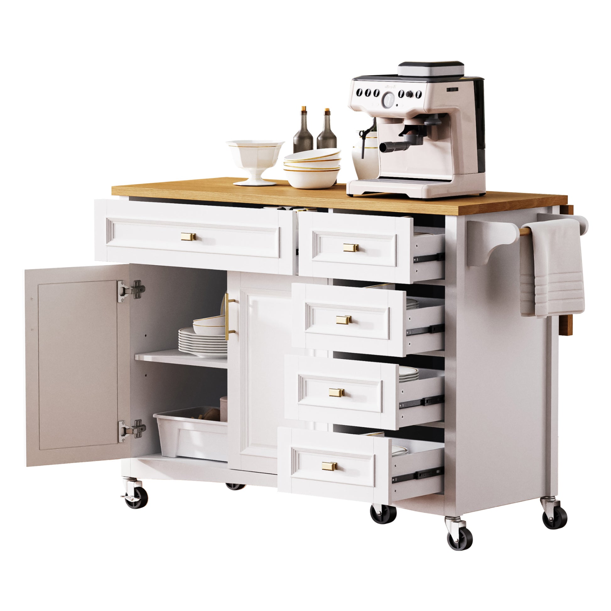 K&K 52'' Kitchen Island With Drop Leaf, Embossed Texture Kitchen Island On Wheels With Spice Rack, Towel Rack, 2 Doors And 5 Drawers, Kitchen Storage Cart With Adjustable Shelf For Kitchen, White