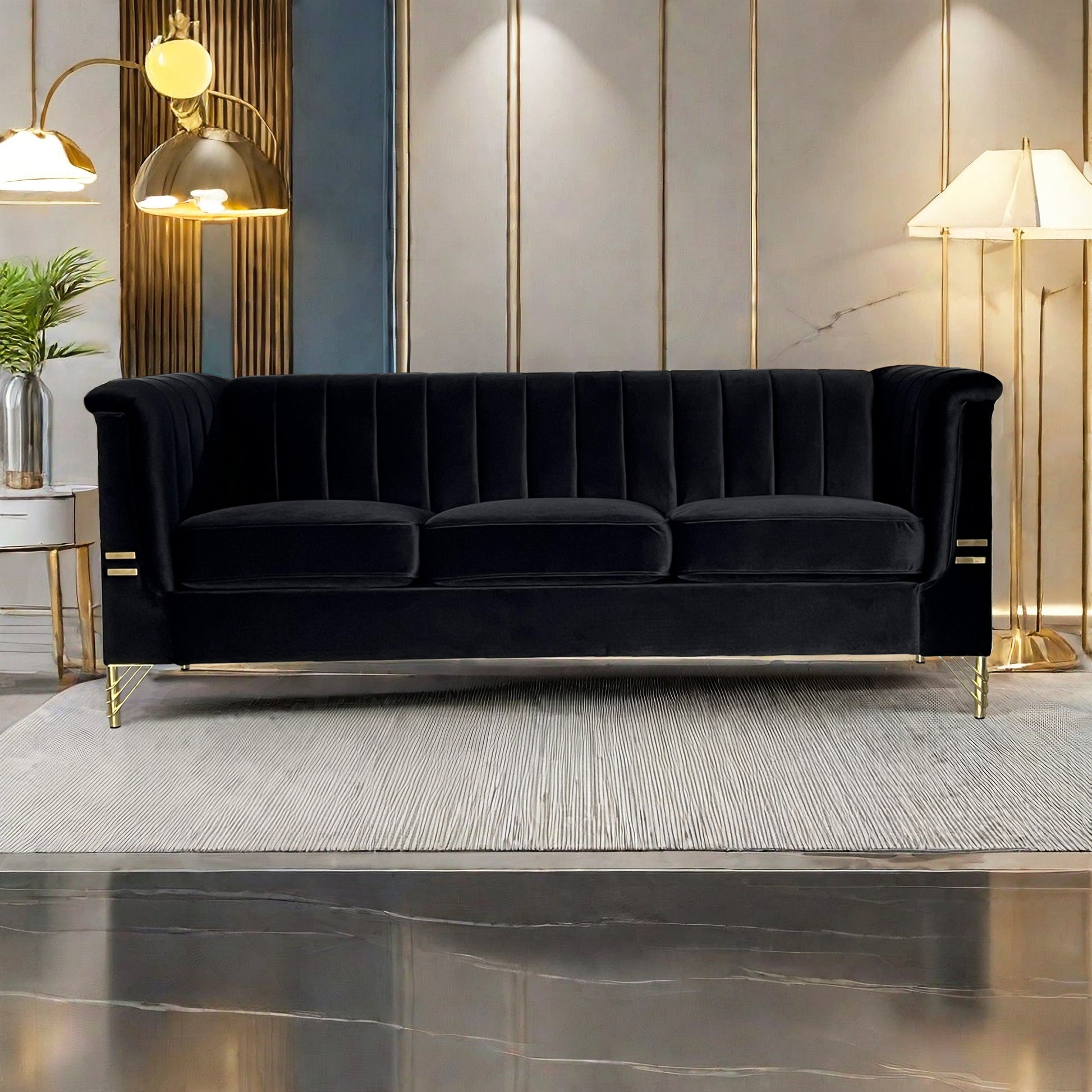 Fx P82 Bk Sofa Modern Sofa Couches For Living Room, 82.67Inches Velvet Velvet Tight Back Chesterfield Design Couch Upholstered Sofa With Metal Legs Decor Furniture For Bedroom Black Velvet 3 Seat
