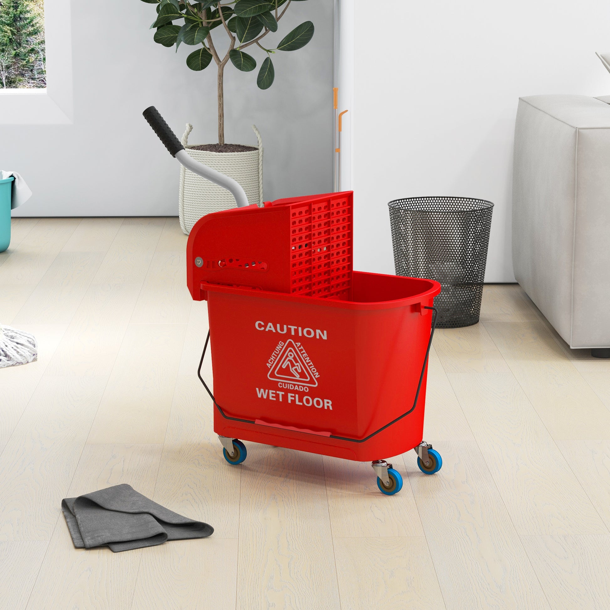 Homcom Mop Bucket With Wringer On Wheels For Floor Cleaning, 21 Quart, Separate Dirty And Clean Water, Red Red Plastic
