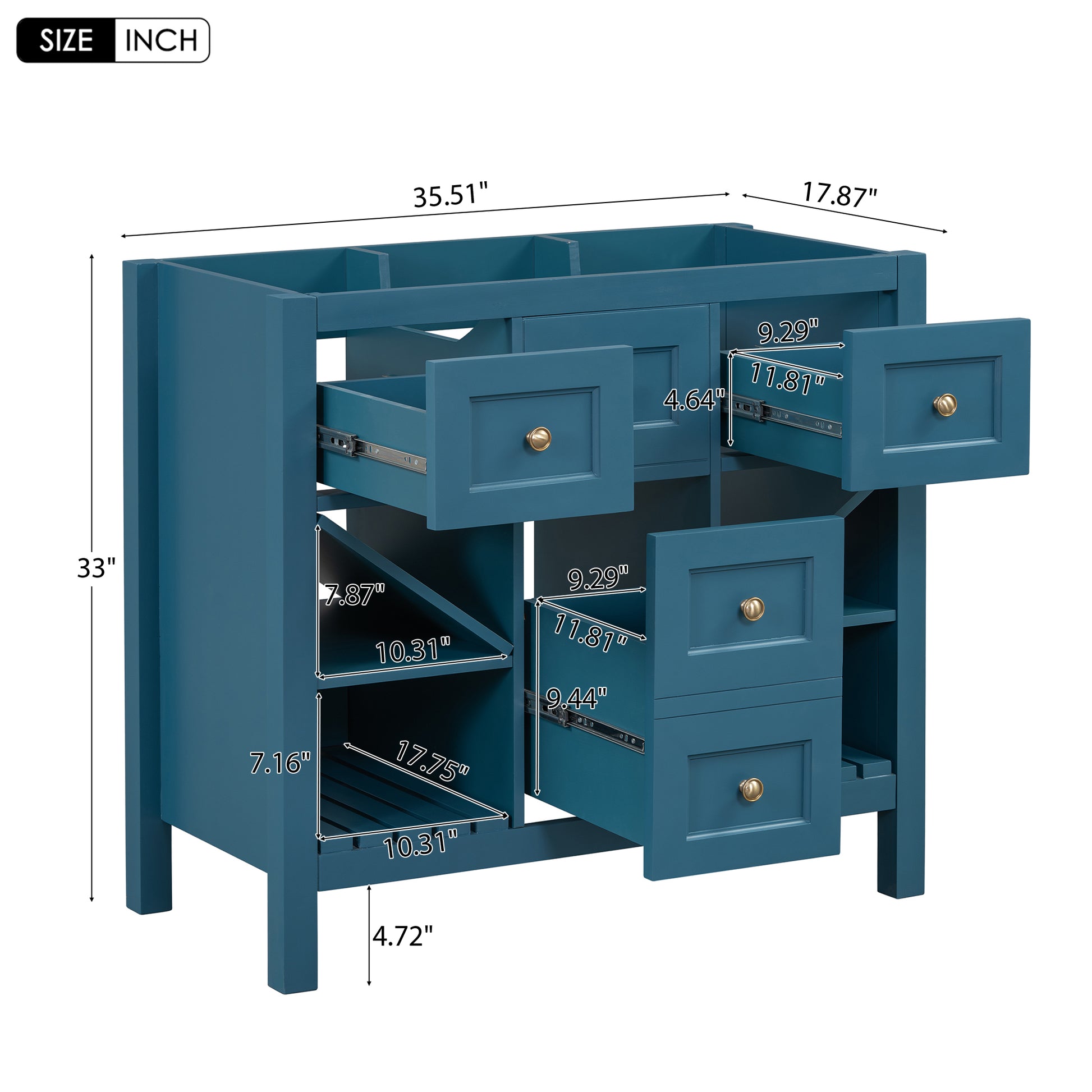 36'' Bathroom Vanity Without Sink, Solid Wood Frame Bathroom Storage Cabinet, Freestanding Vanity With 5 Drawers& Soft Closing Doors Not Include Basin Sink Blue Bathroom Solid Wood Mdf