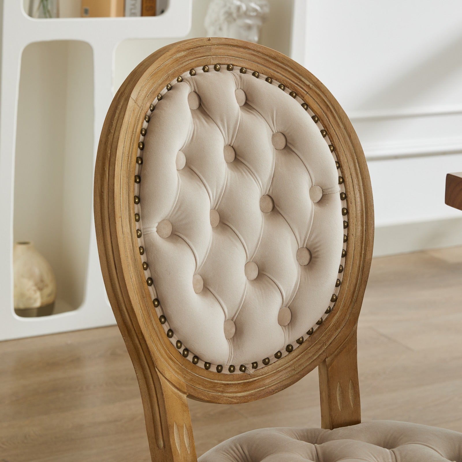 French Style Solid Wood Frame Antique Painting,Hand Pulled Buckle Decoration Velvet Artificial Leather Dining Chair With Trim ,Wood Legs,Steel Spring Inner,Set Of 2,Beige,Sw1739Bg Beige Dining Room American Design Dining Chairs Rubberwood Set Of 2 Foam