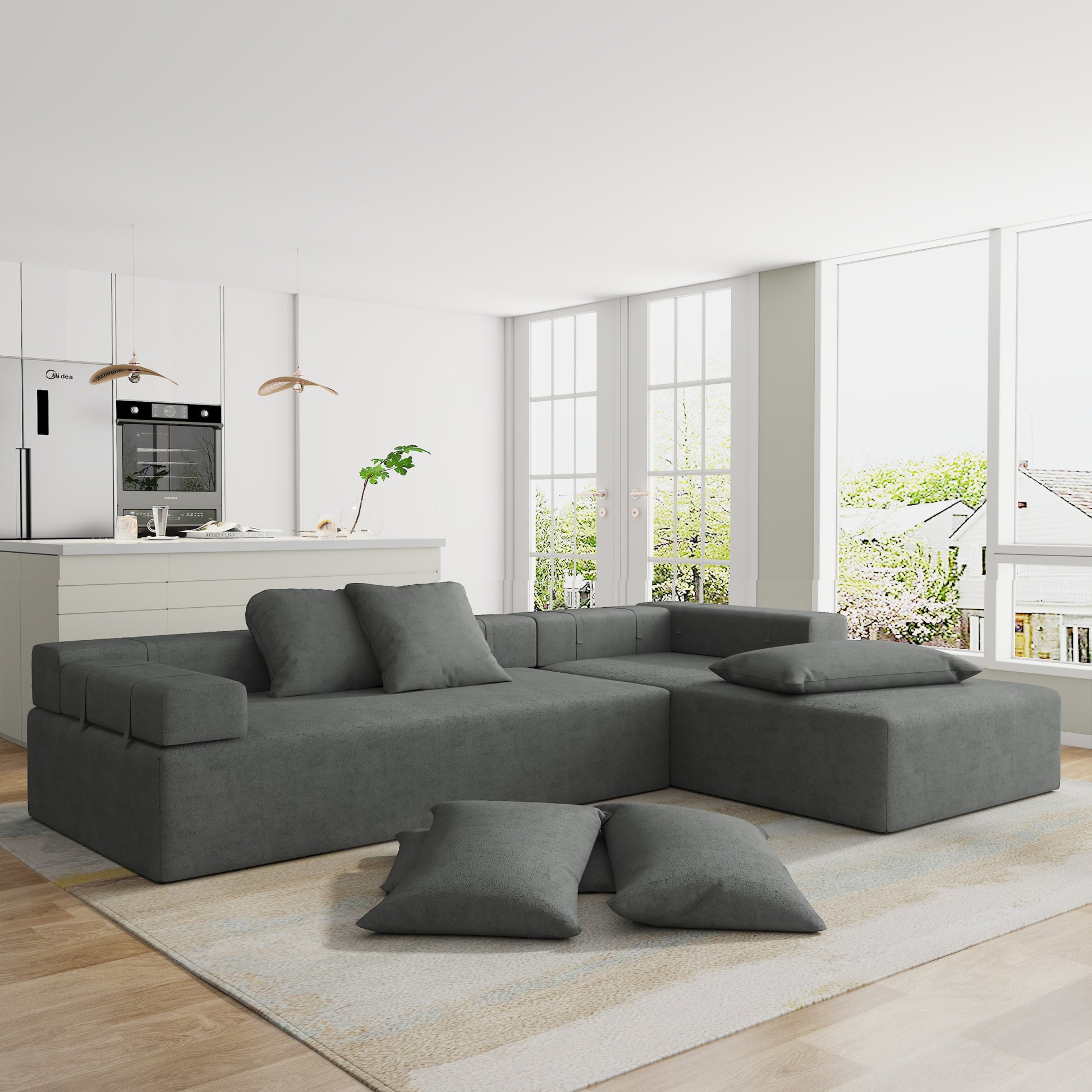 Modern Upholstered Sectional Sofa Couch Set,Modular 108" L Shaped Sectional Living Room Sofa Set With 6 Pillows,Free Combination Sofa Couch For Living Room,Bedroom Grey Foam Chenille 3 Seat