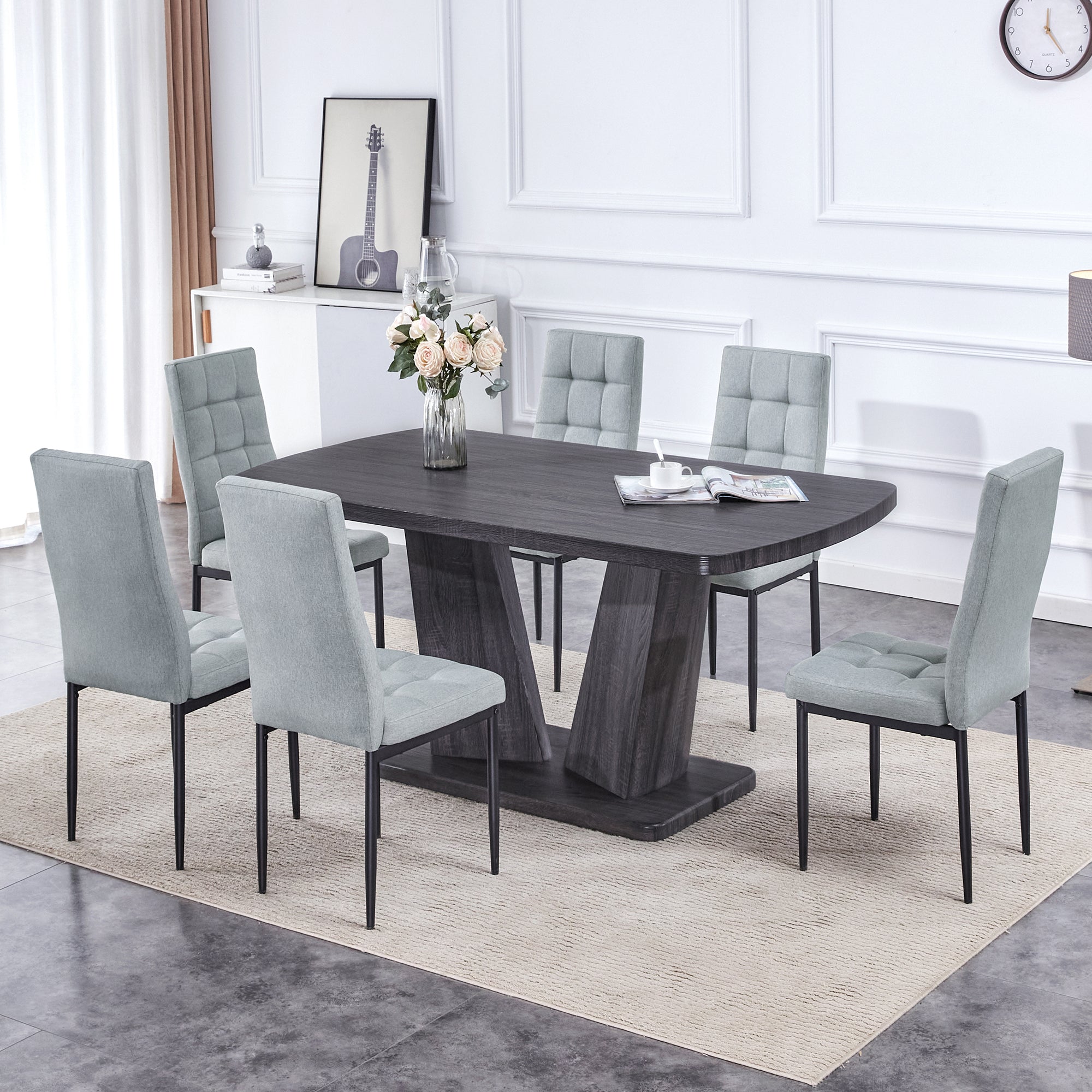 Dining Table Set For 6, 7 Piece Kitchen Table Chairs Set, 1.8" Thickness Tabletop And V Shaped Table Legs, Modern Dining Room Set With 63 Inch Dinner Table And 6 Upholstered Chairs For Dining Room Metal Gray Dining Room Classic,Mid Century Modern,Modern